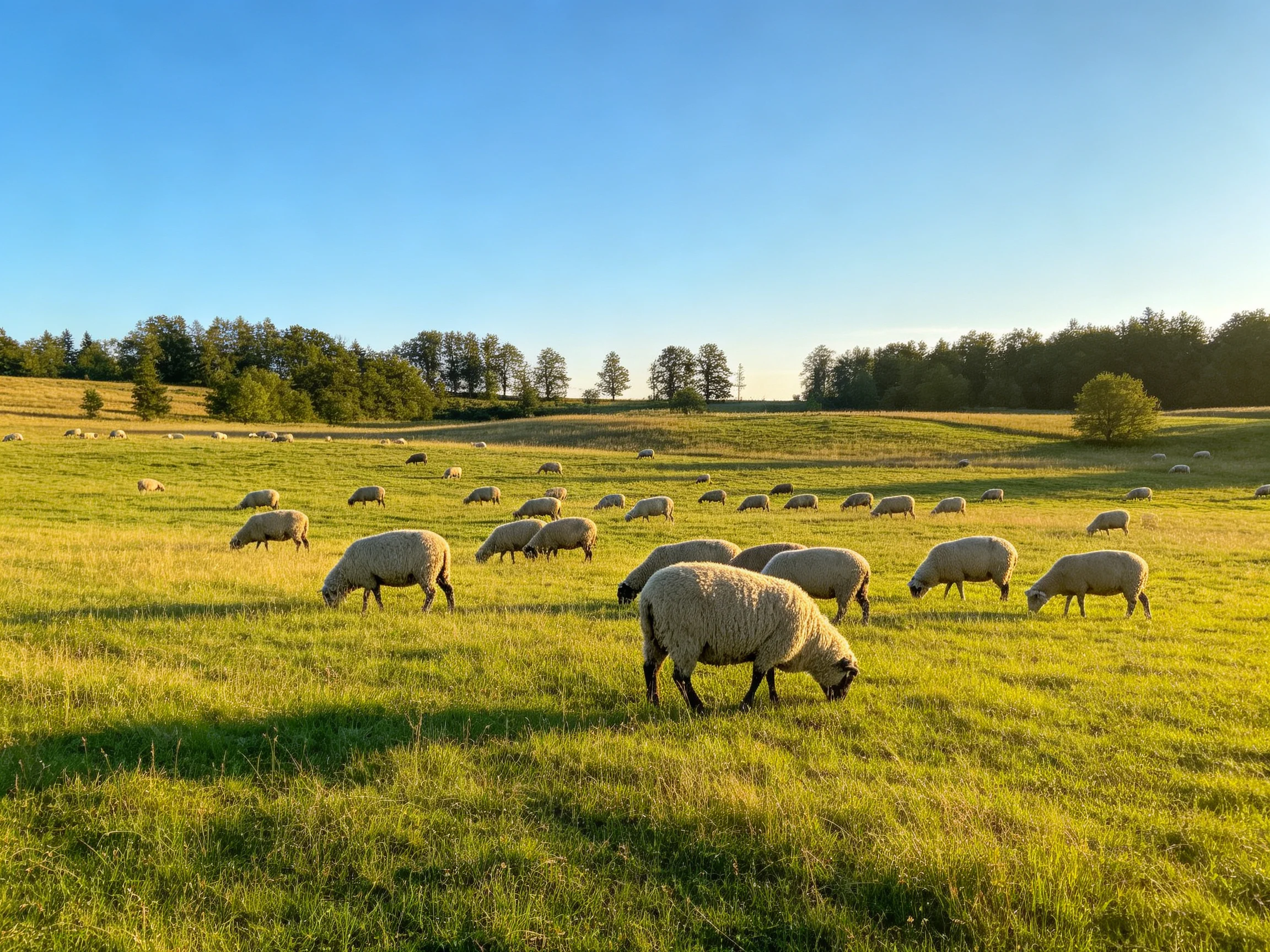 A flock of sheep grazing in a sunlit green meadow under clear blue sky