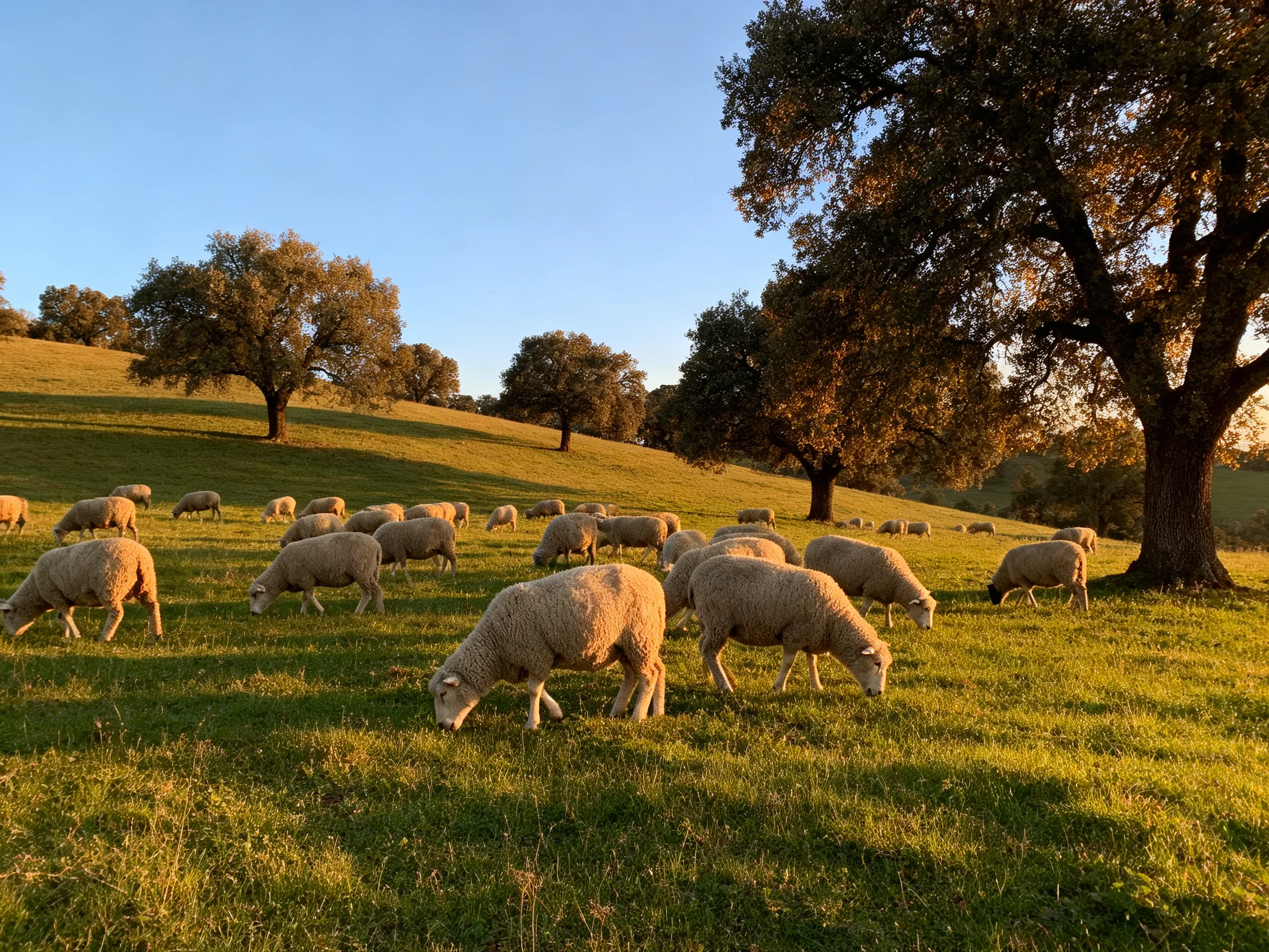 A flock of sheep grazing in a sunlit green meadow with large trees