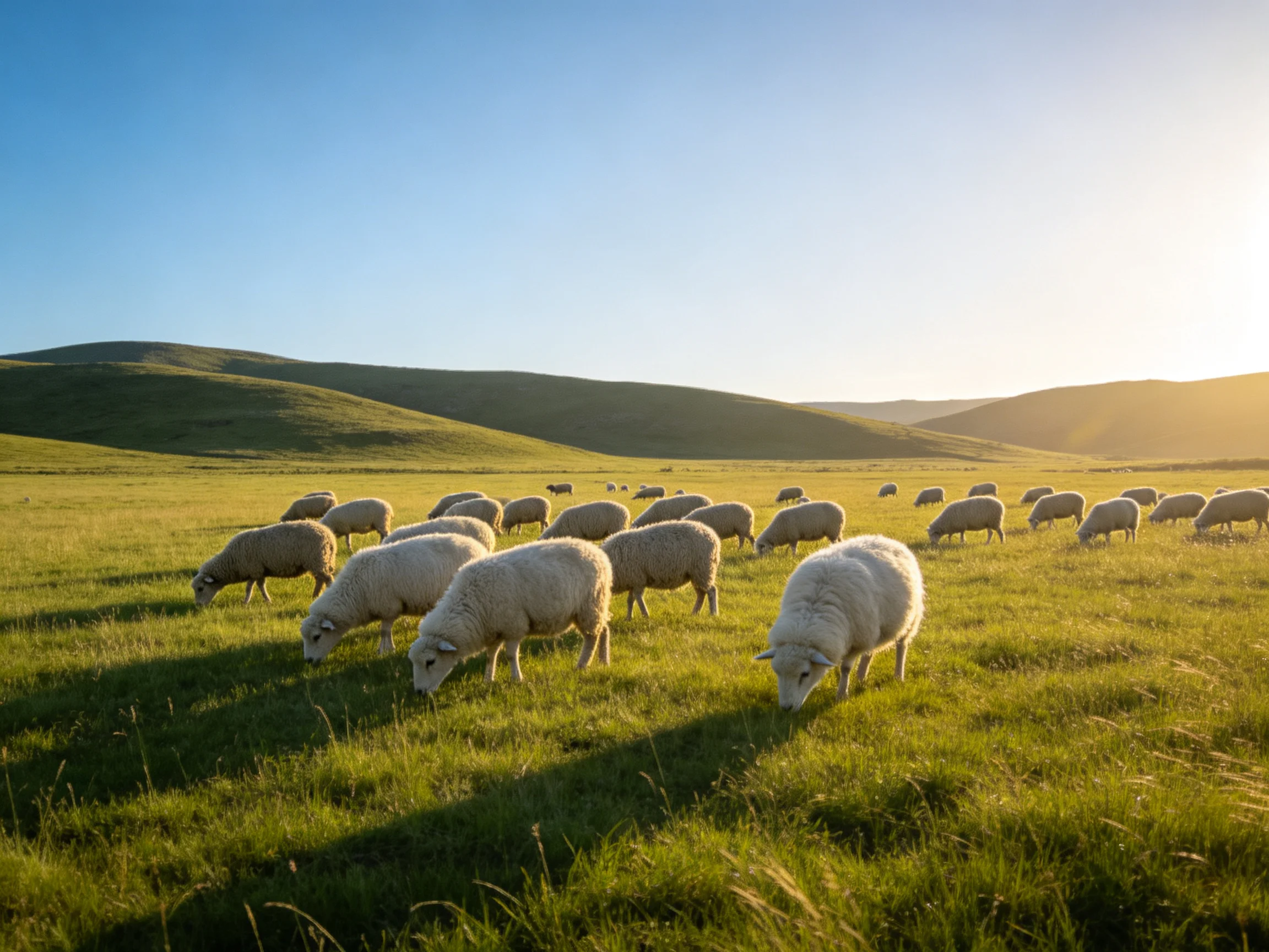 A flock of sheep grazing in a sunlit green meadow with rolling hills