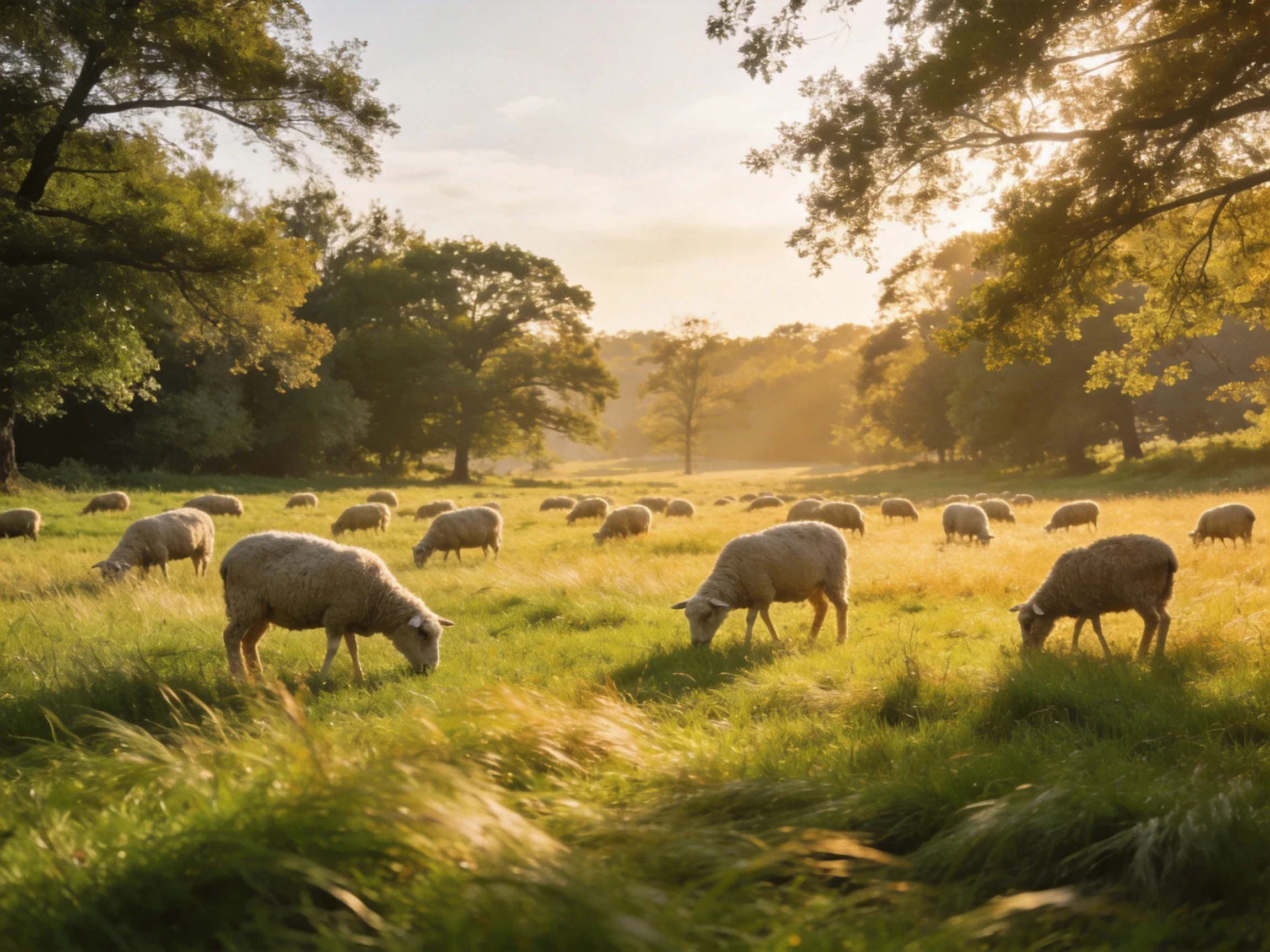 Sheep graze in a sunlit green meadow bordered by tall trees.