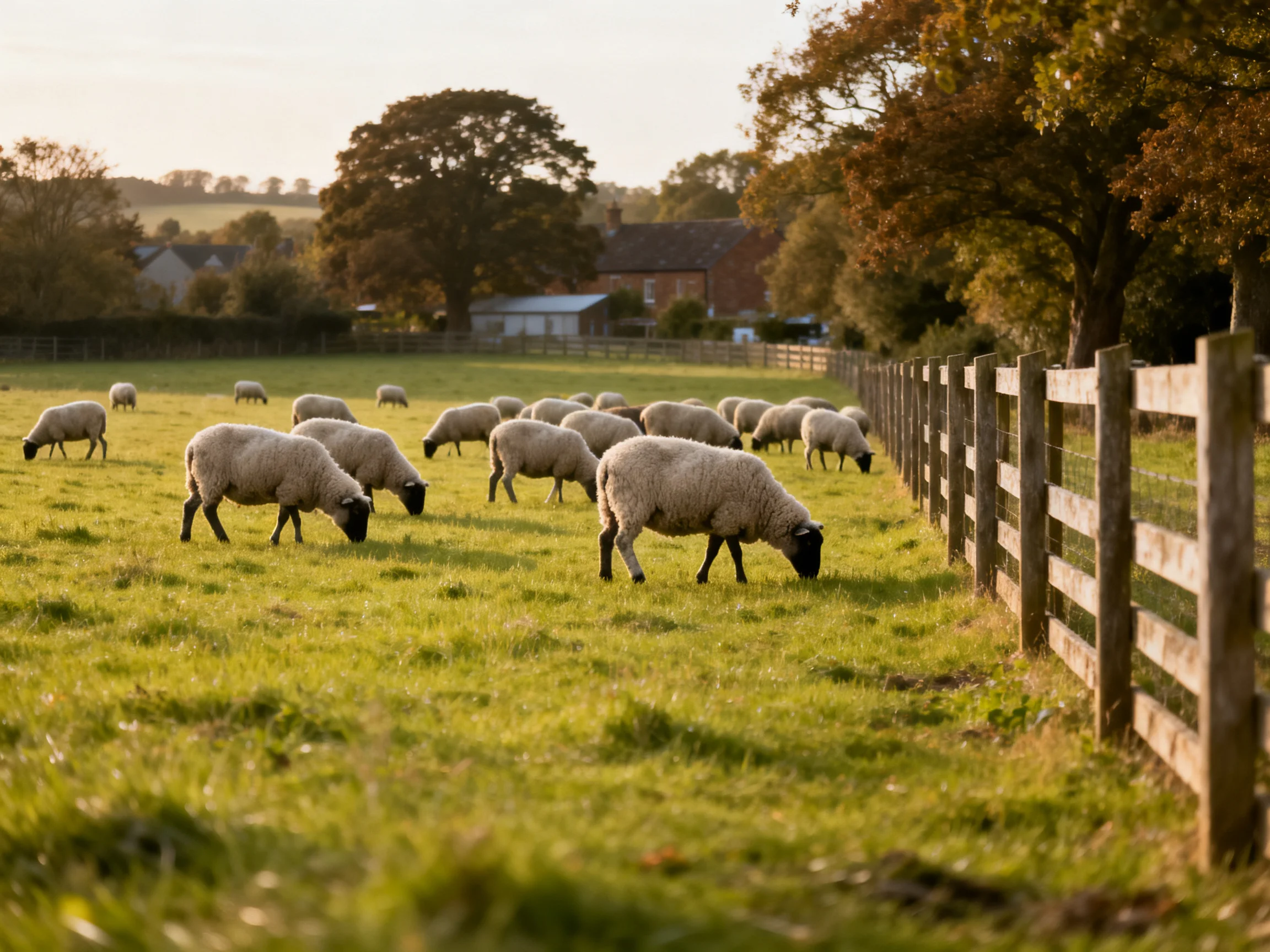 A flock of sheep grazes peacefully in a sunlit green pasture bordered by a wooden fence.