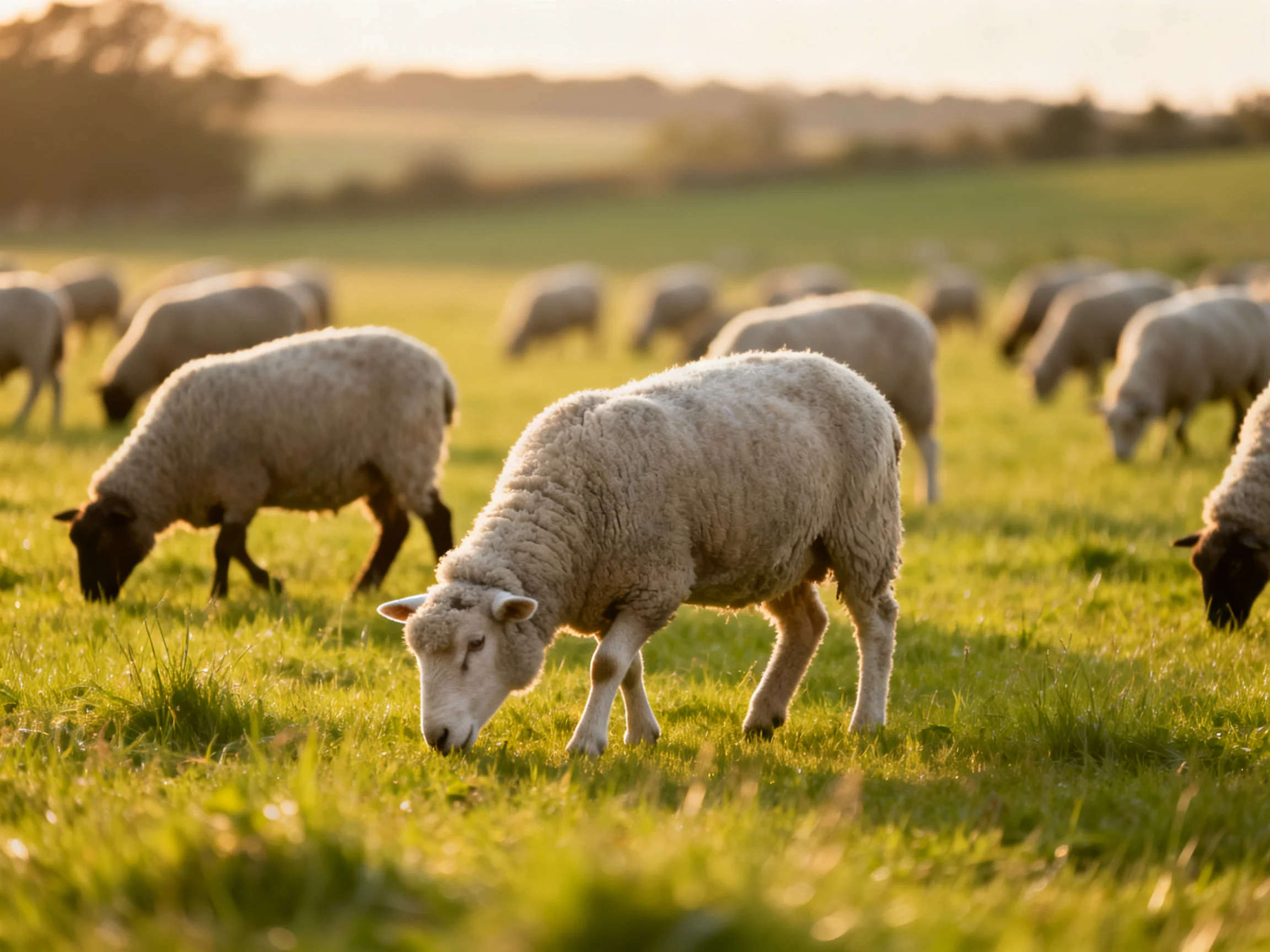 Sheep graze in a sunlit green pasture under warm evening light