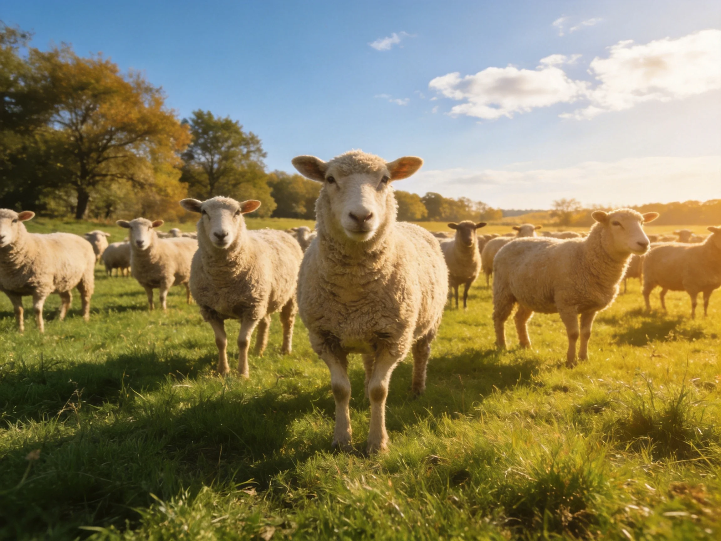 A flock of sheep grazing in a sunlit green pasture