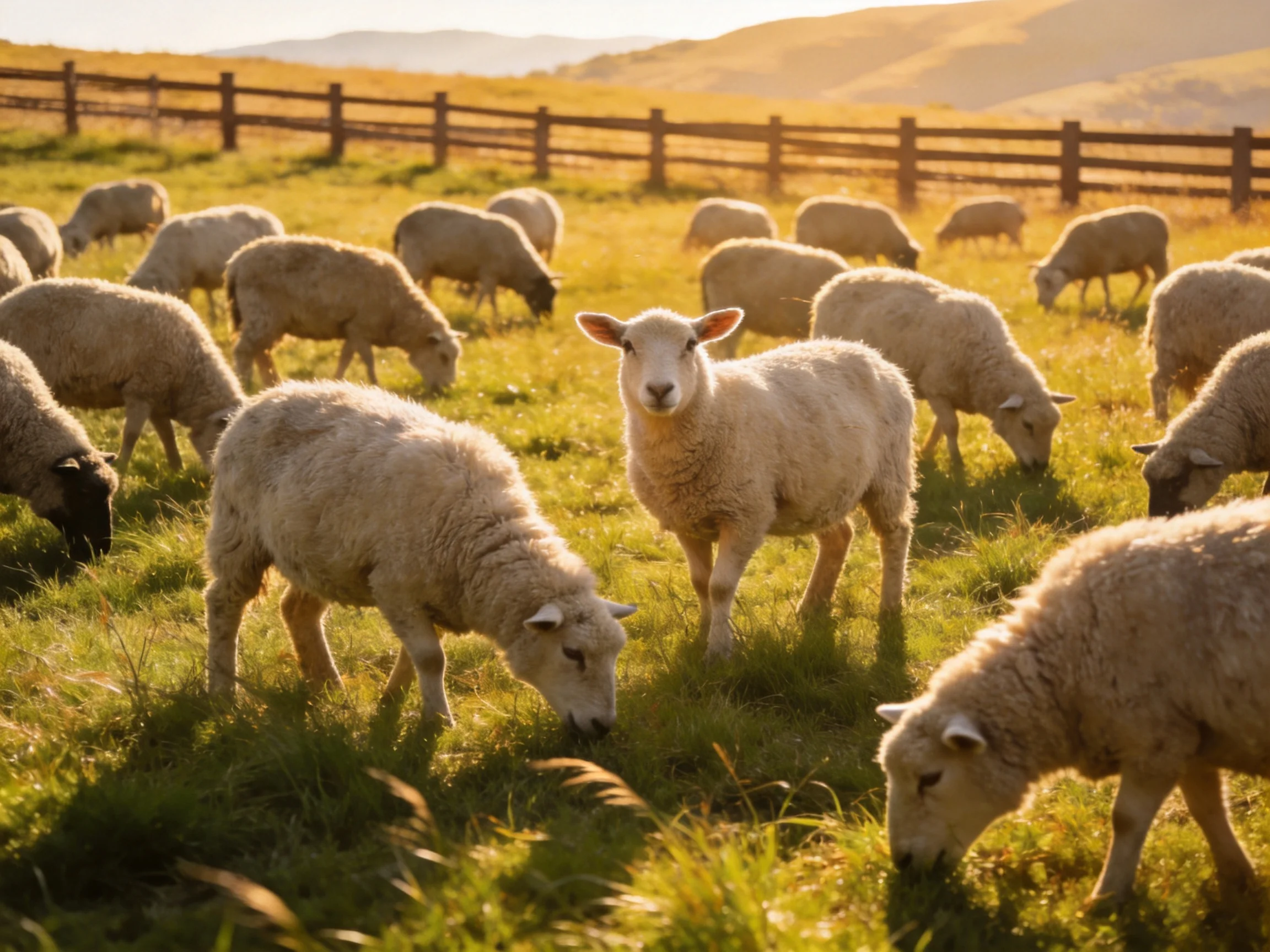 A flock of sheep grazing in a sunlit green pasture