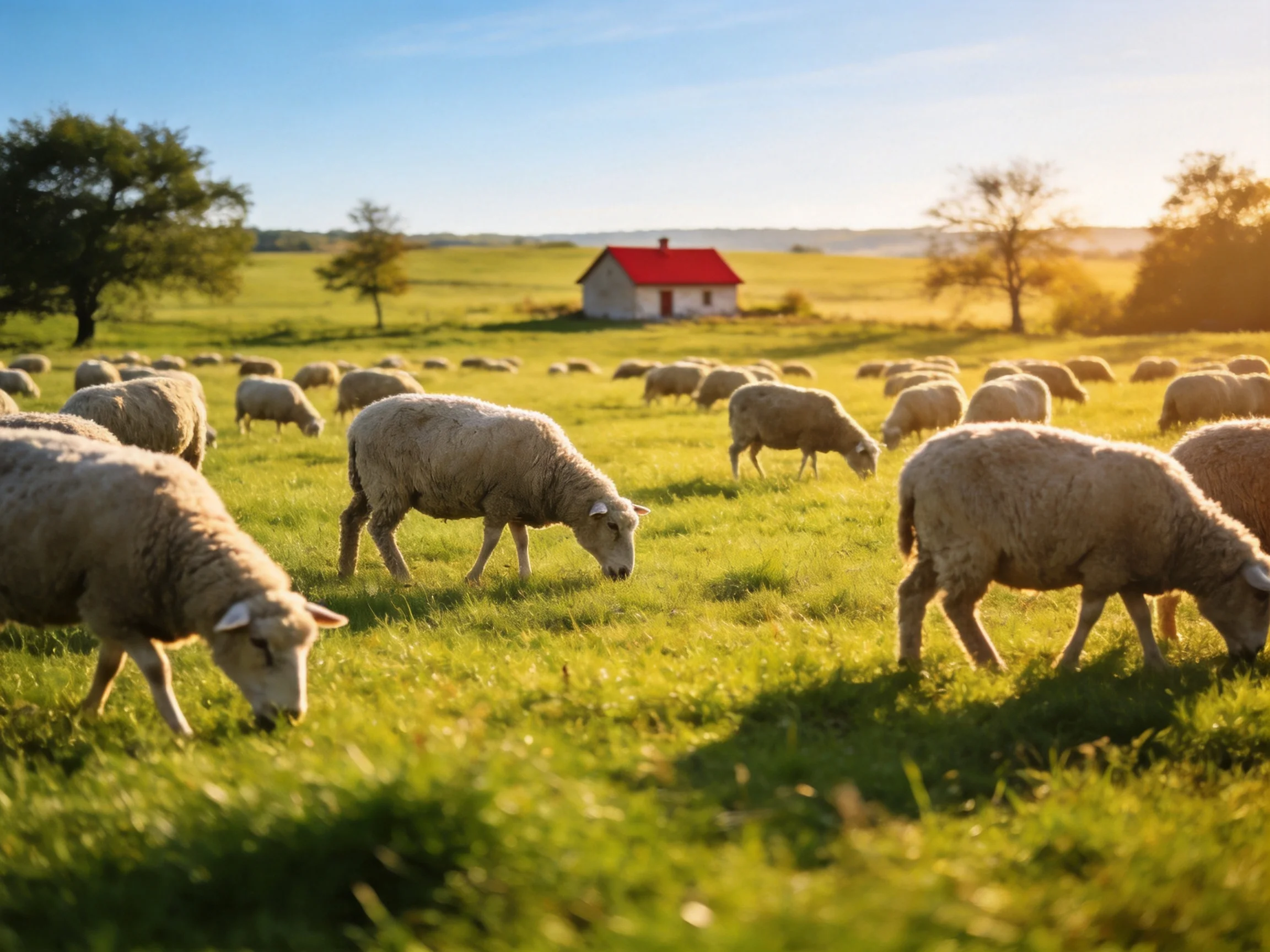 A flock of sheep grazing in a sunlit green pasture near a red-roofed house