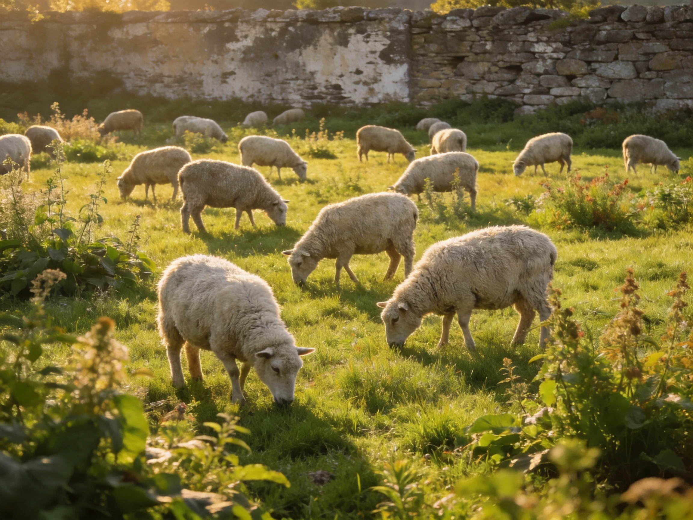 A flock of sheep graze in a sunlit green pasture near an old stone wall.