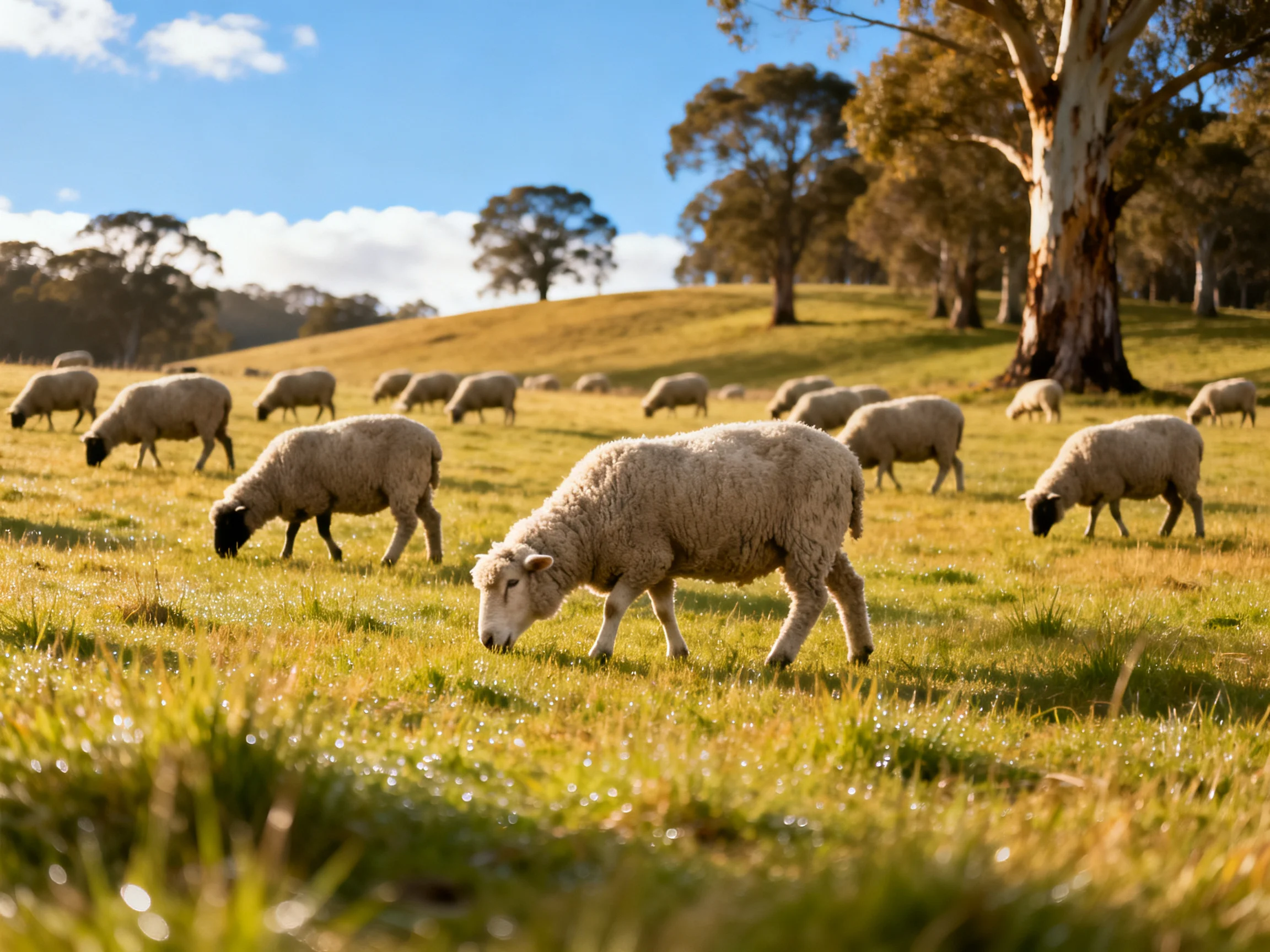 A flock of sheep grazes in a sunlit green pasture near tall trees