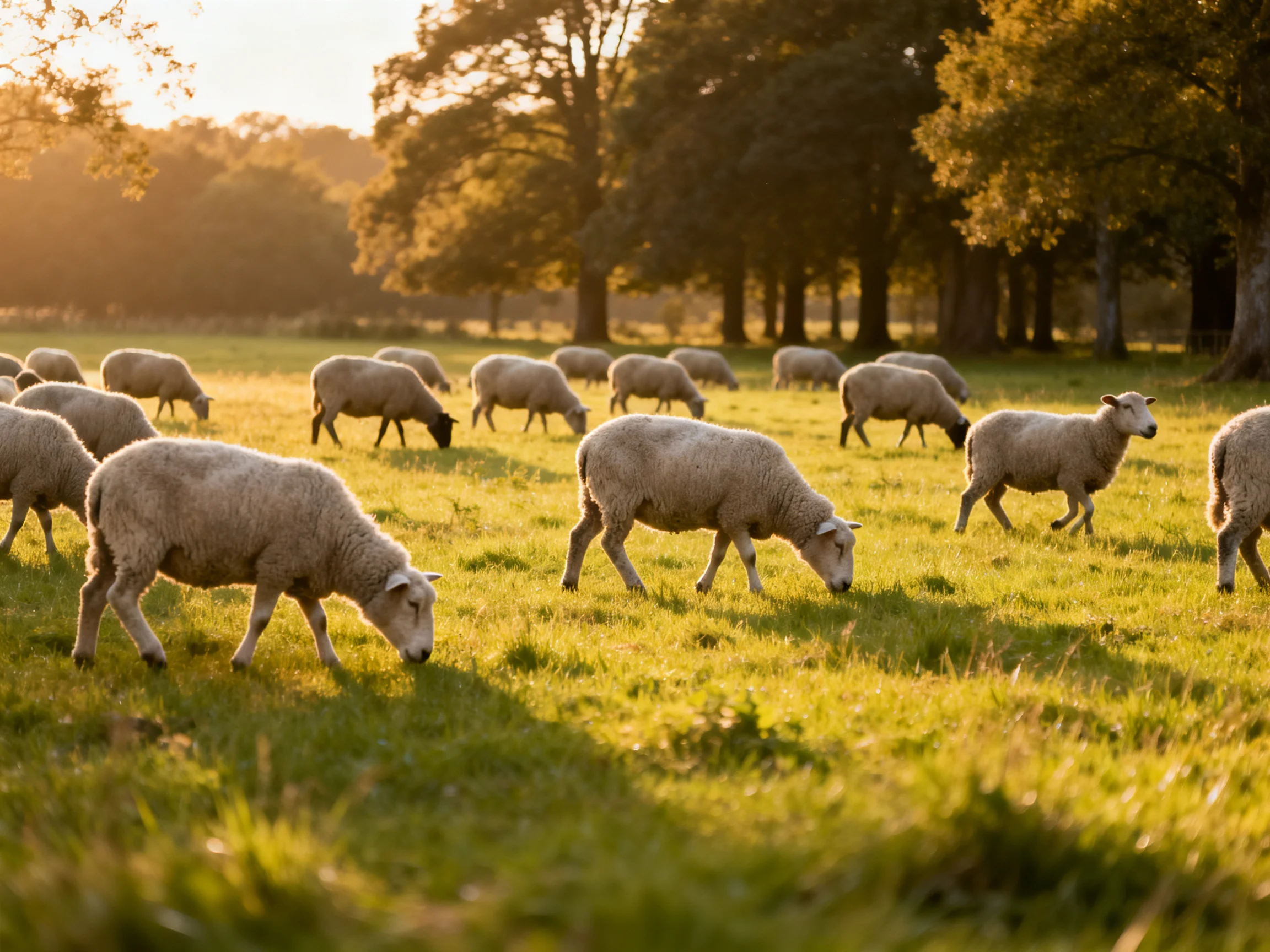 A flock of sheep grazing in a sunlit green pasture near tall trees