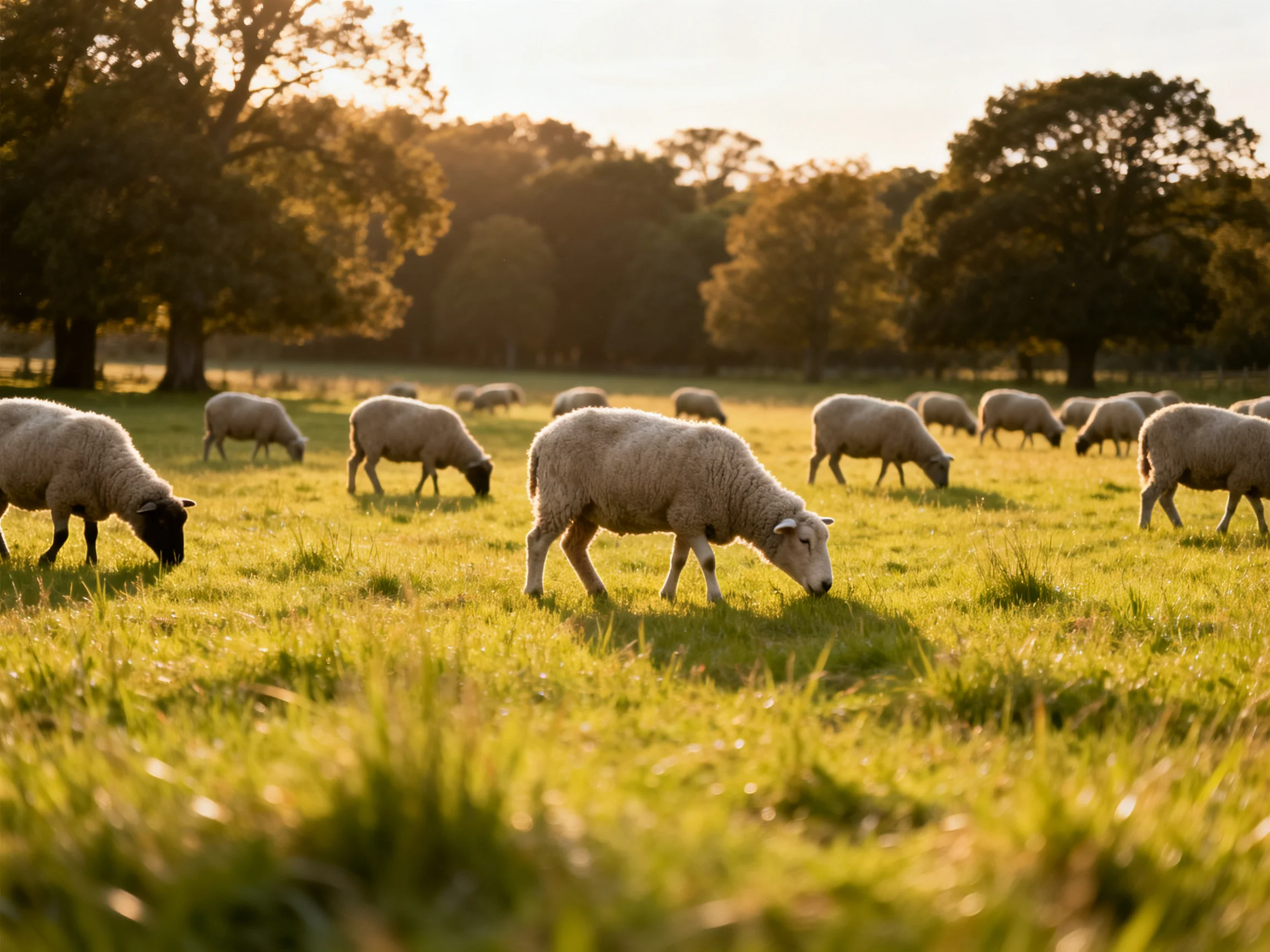 A flock of sheep grazing in a sunlit green pasture near tall trees