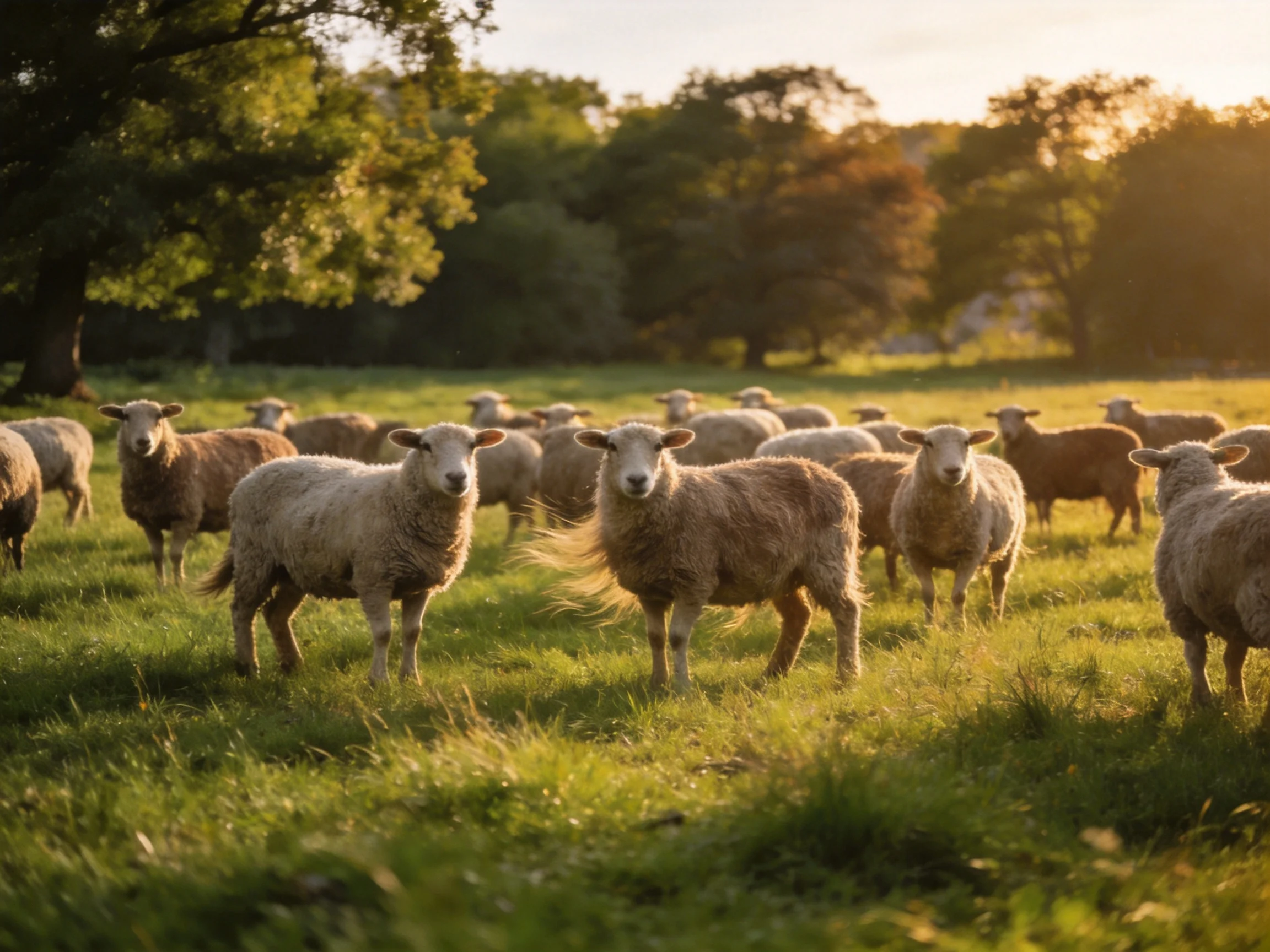 A flock of sheep grazing in a sunlit green pasture