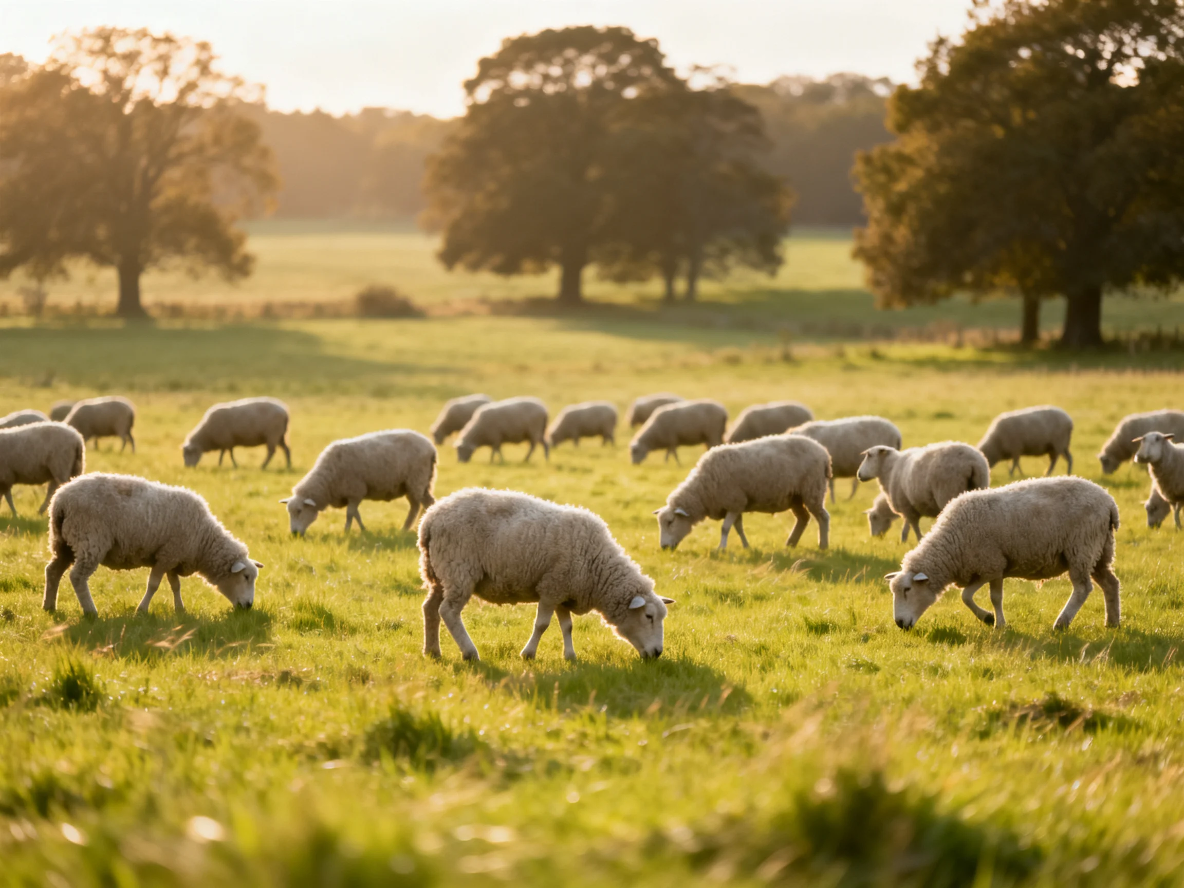 A flock of sheep graze peacefully in a sunlit green pasture near tall trees.