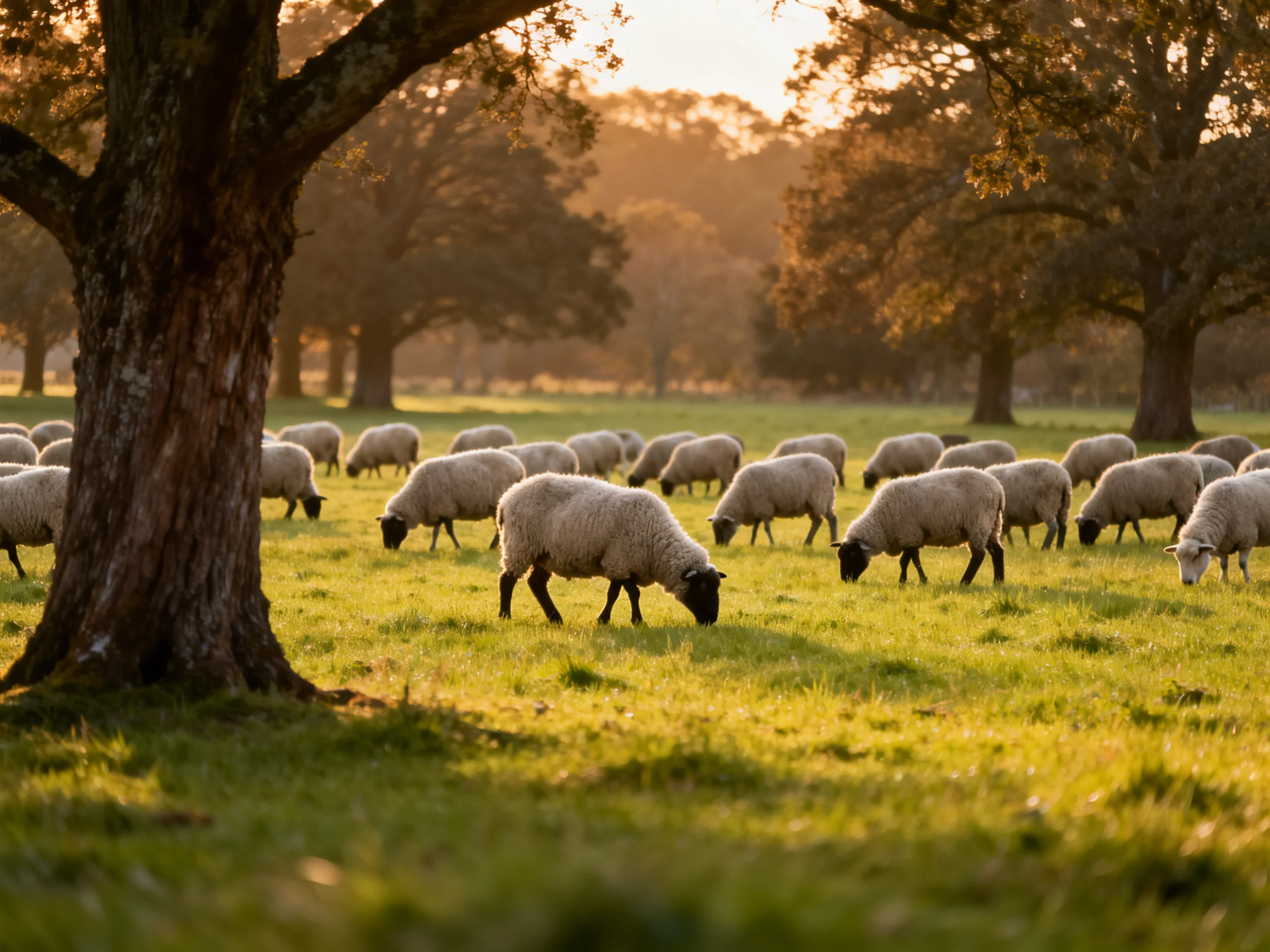 A flock of sheep grazing in a sunlit green pasture with large trees