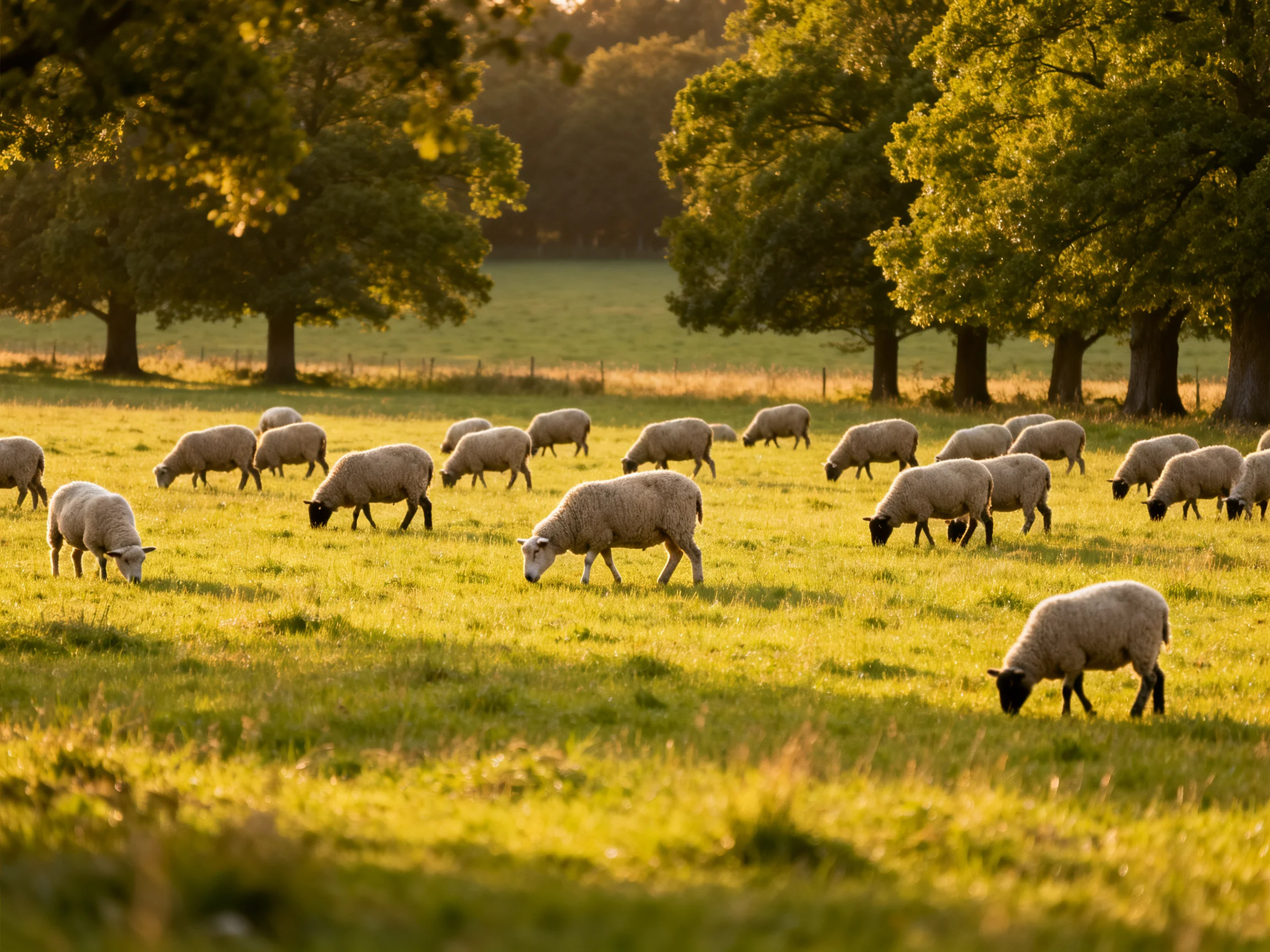 A flock of sheep grazing in a sunlit green pasture with large trees