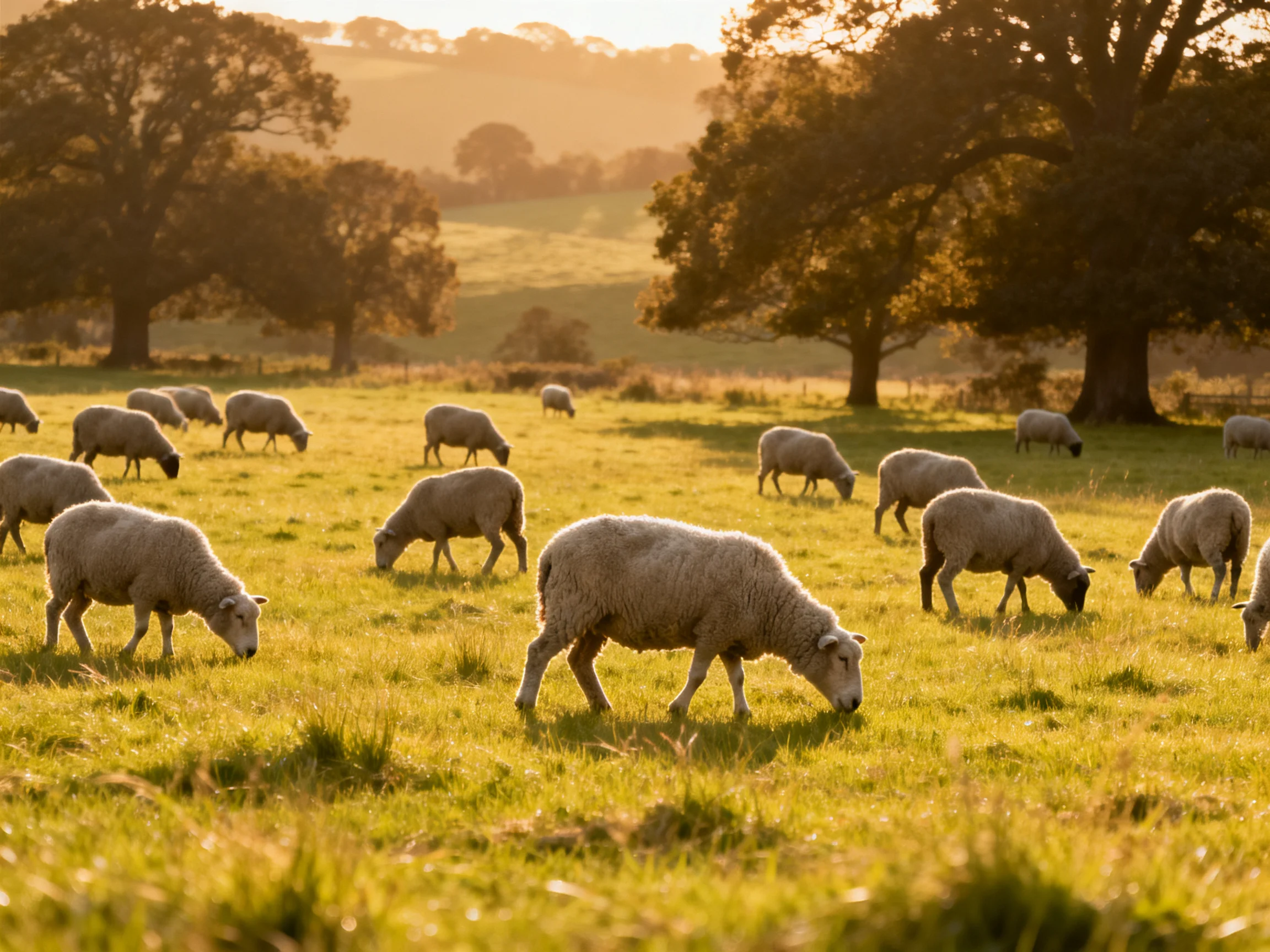 Sheep graze in a sunlit pasture near large trees.