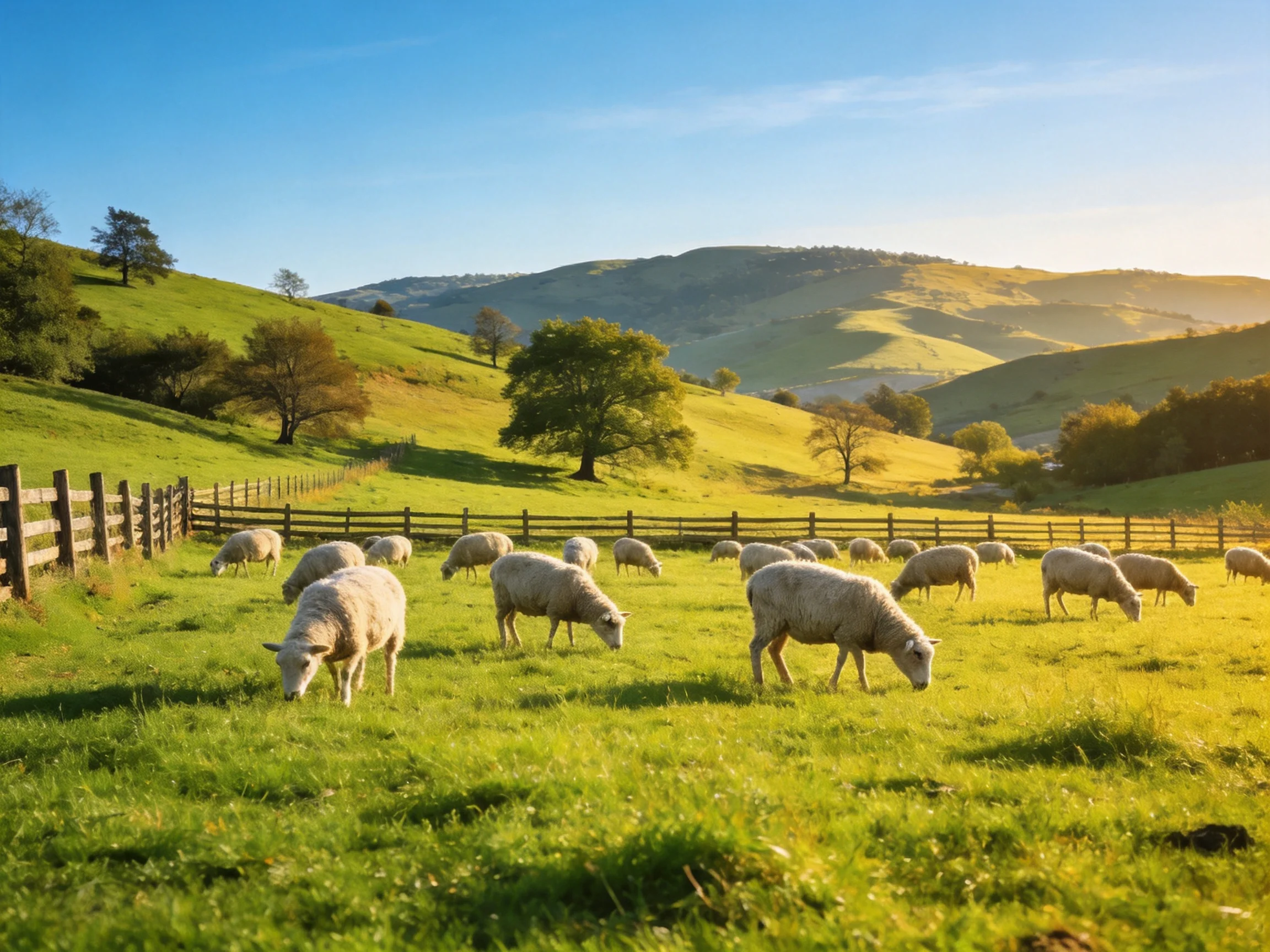 Sheep graze in a sunlit green pasture surrounded by rolling hills.