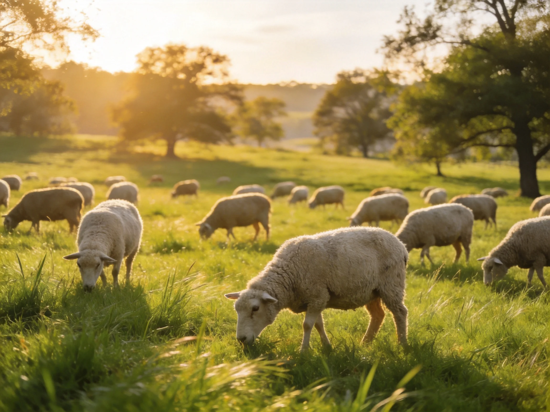 A flock of sheep grazing in a sunlit green pasture with scattered trees