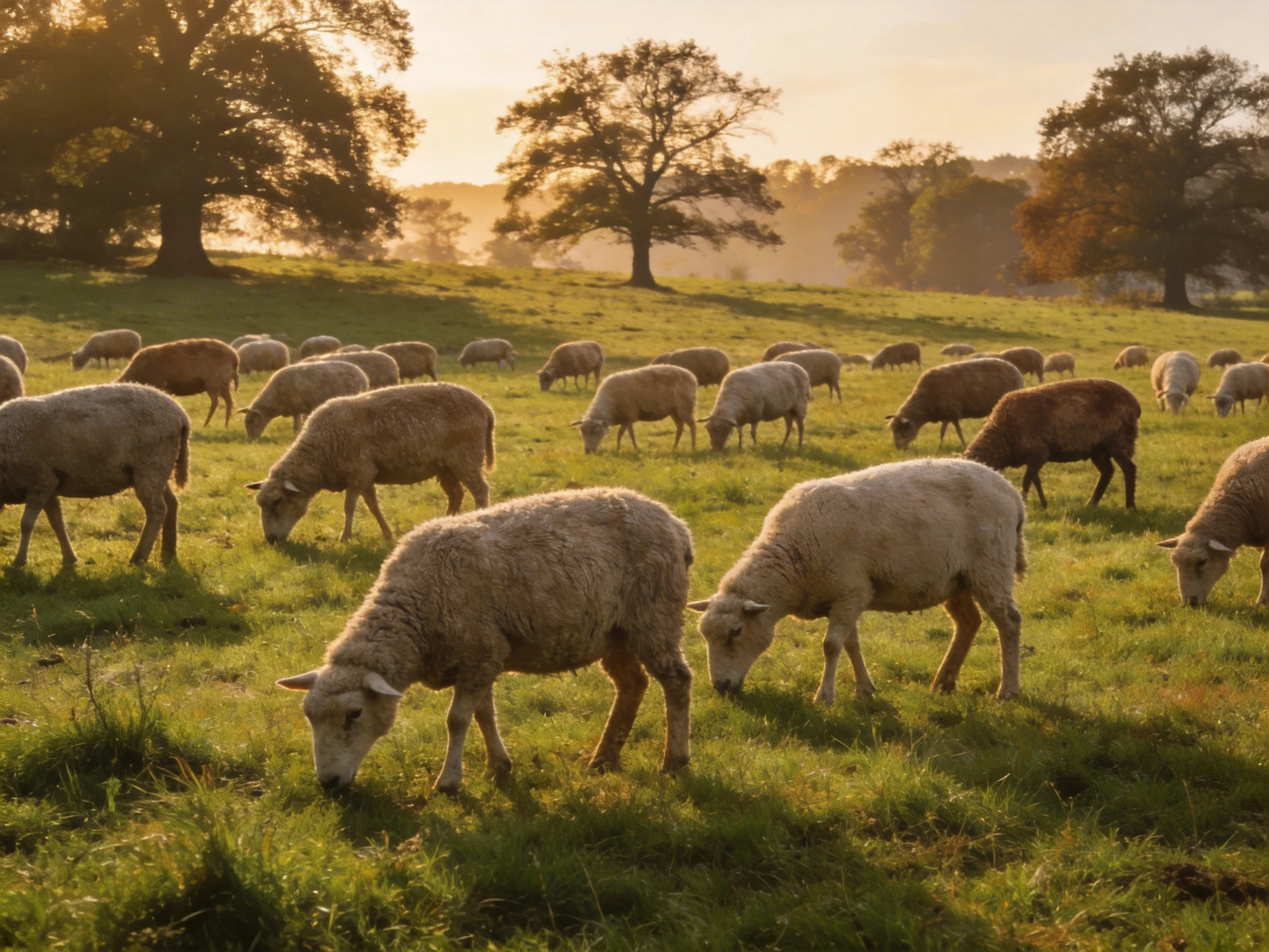 A flock of sheep grazing in a sunlit green pasture with tall trees