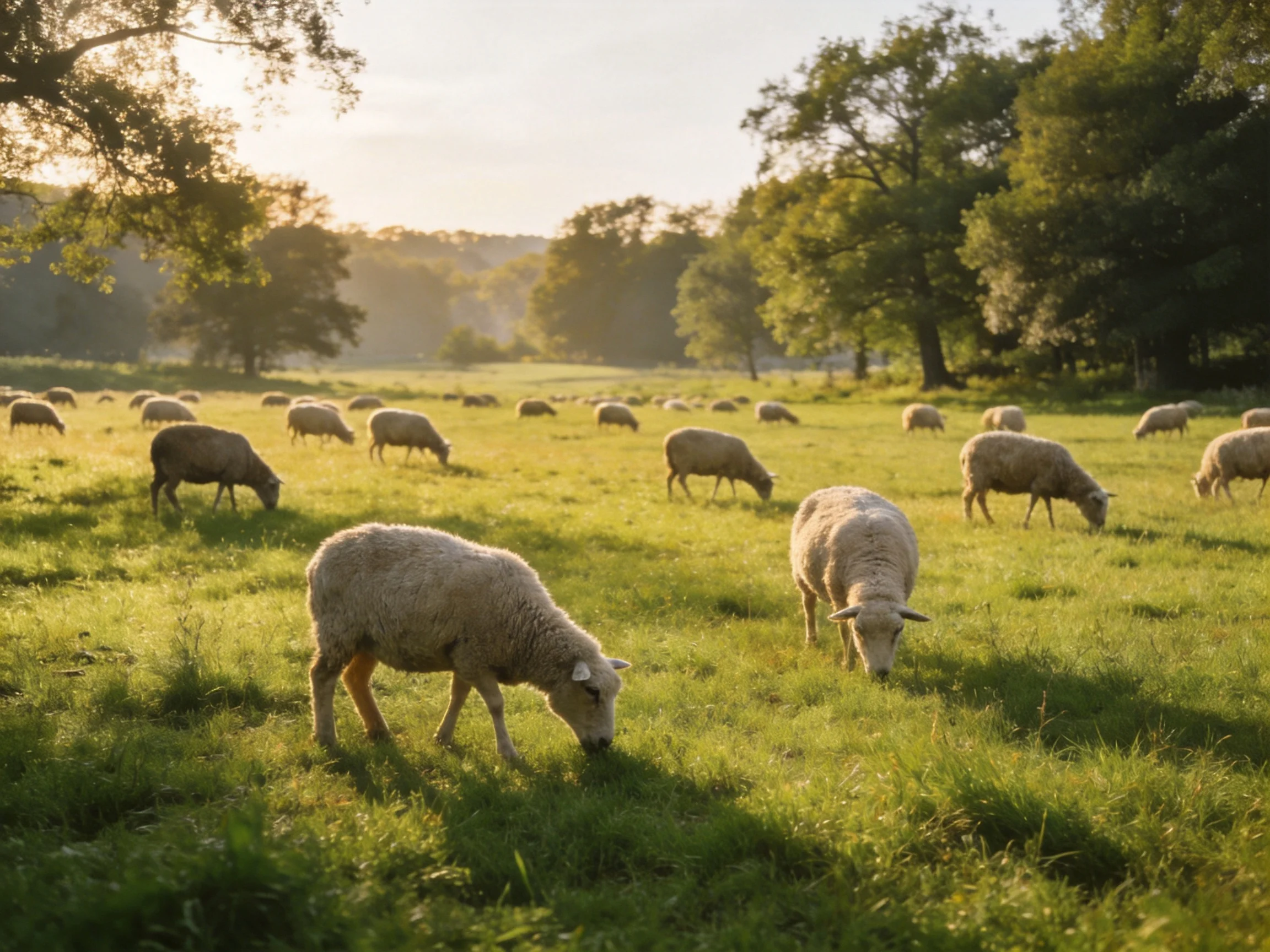 A flock of sheep grazing in a sunlit green pasture with tall trees