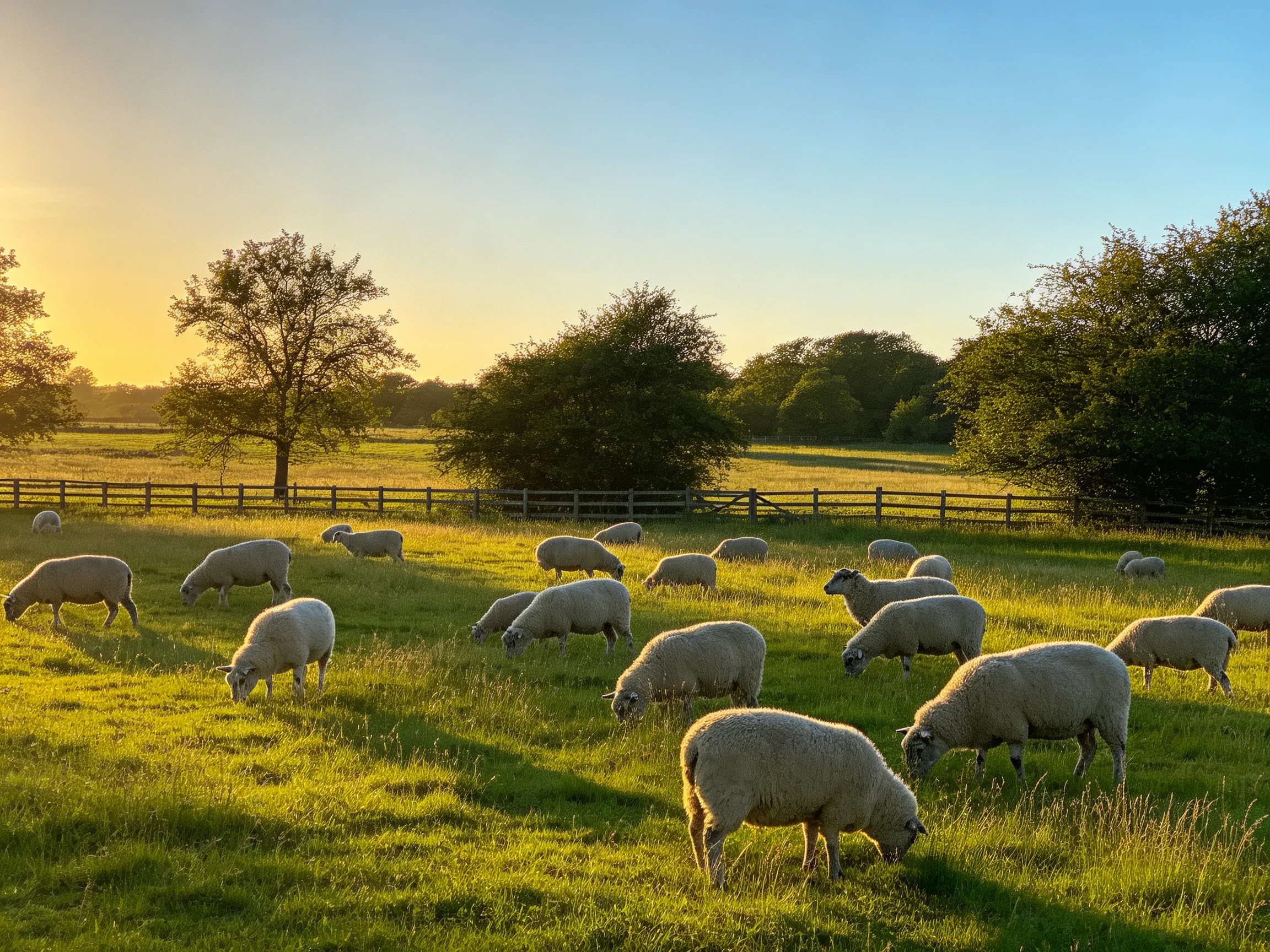 A flock of sheep grazing in a sunlit green pasture with trees