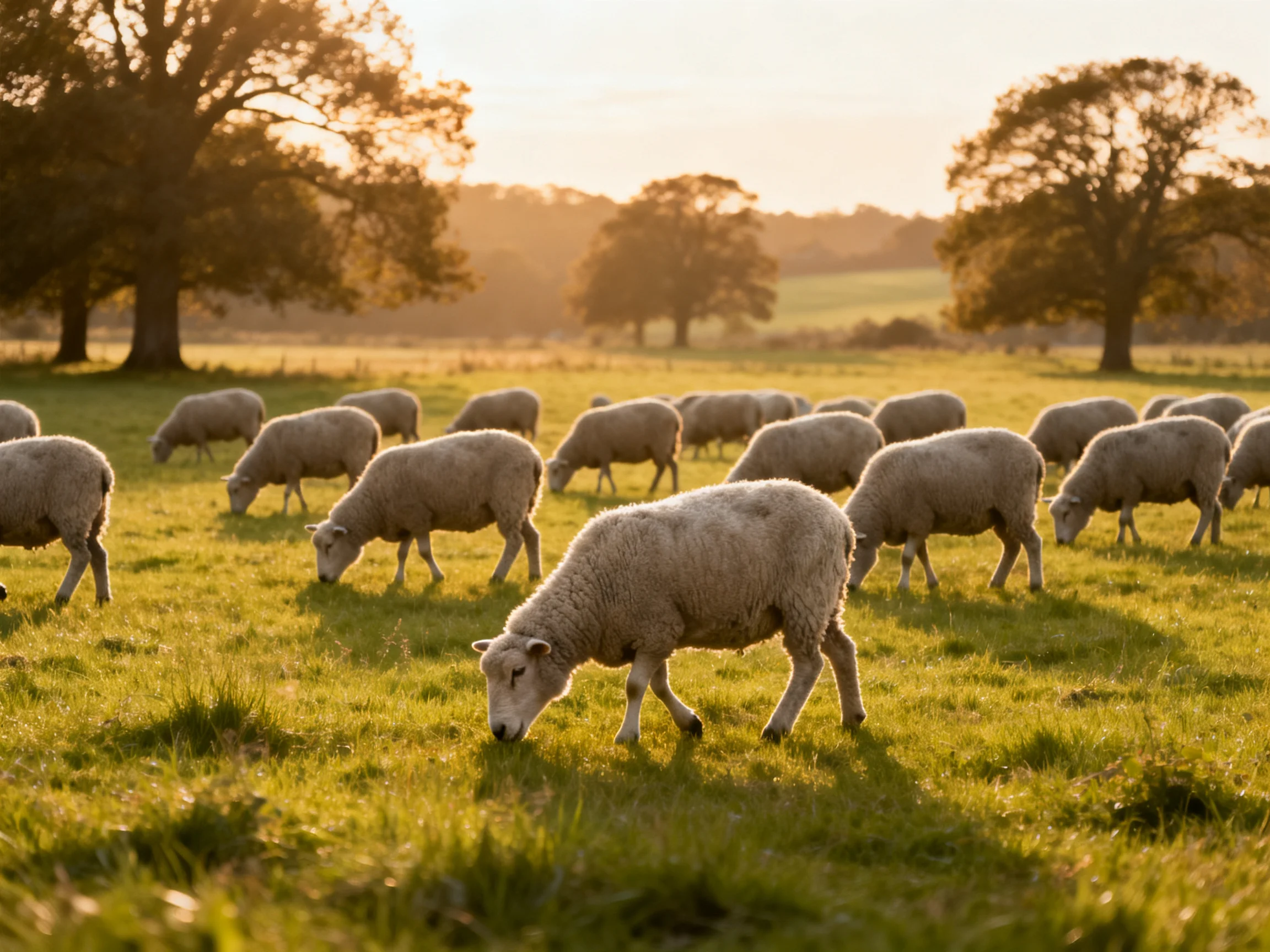 Sheep graze in a sunlit pasture with large trees nearby.