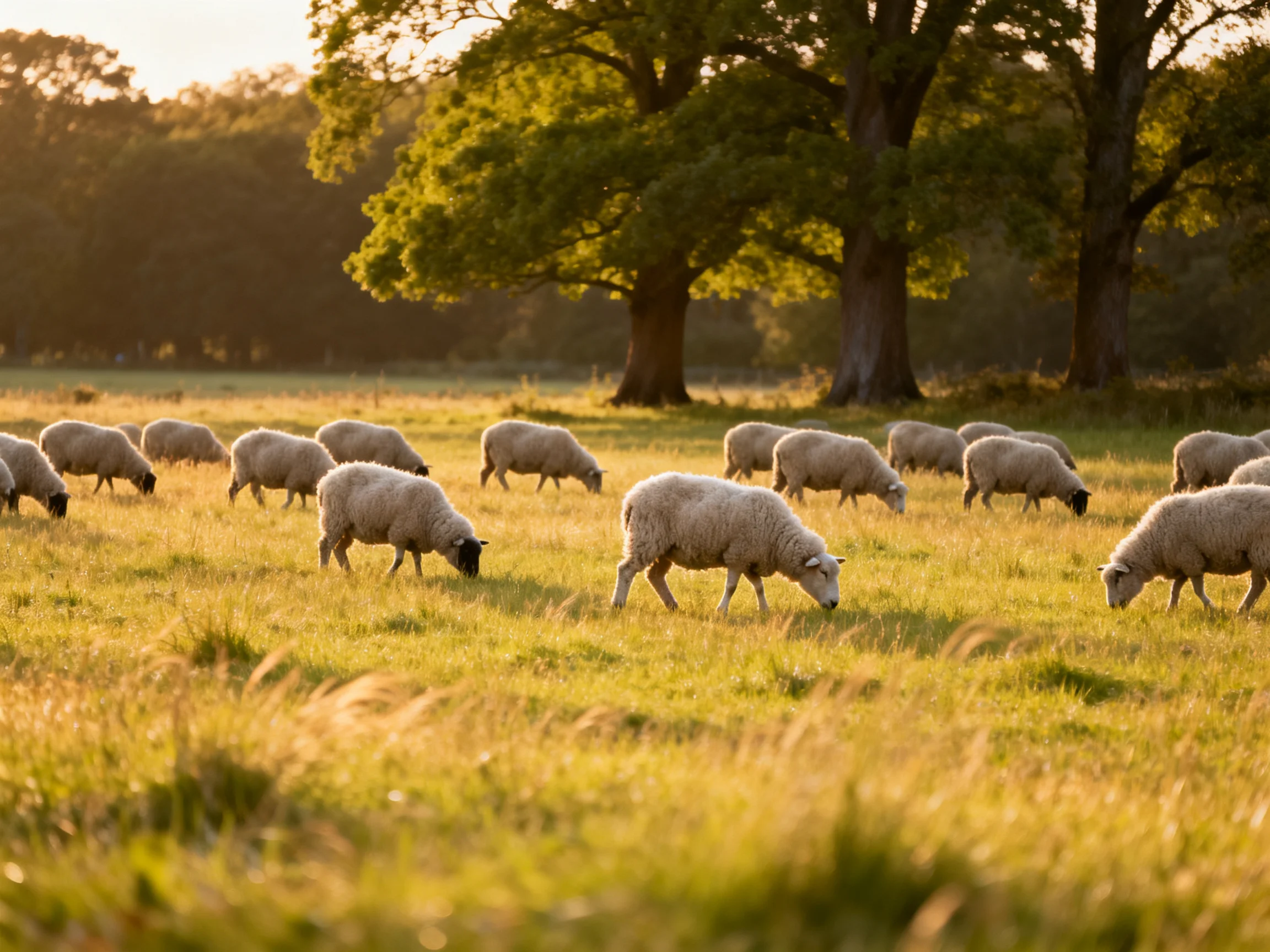 A flock of sheep grazing in a sunlit meadow with large trees