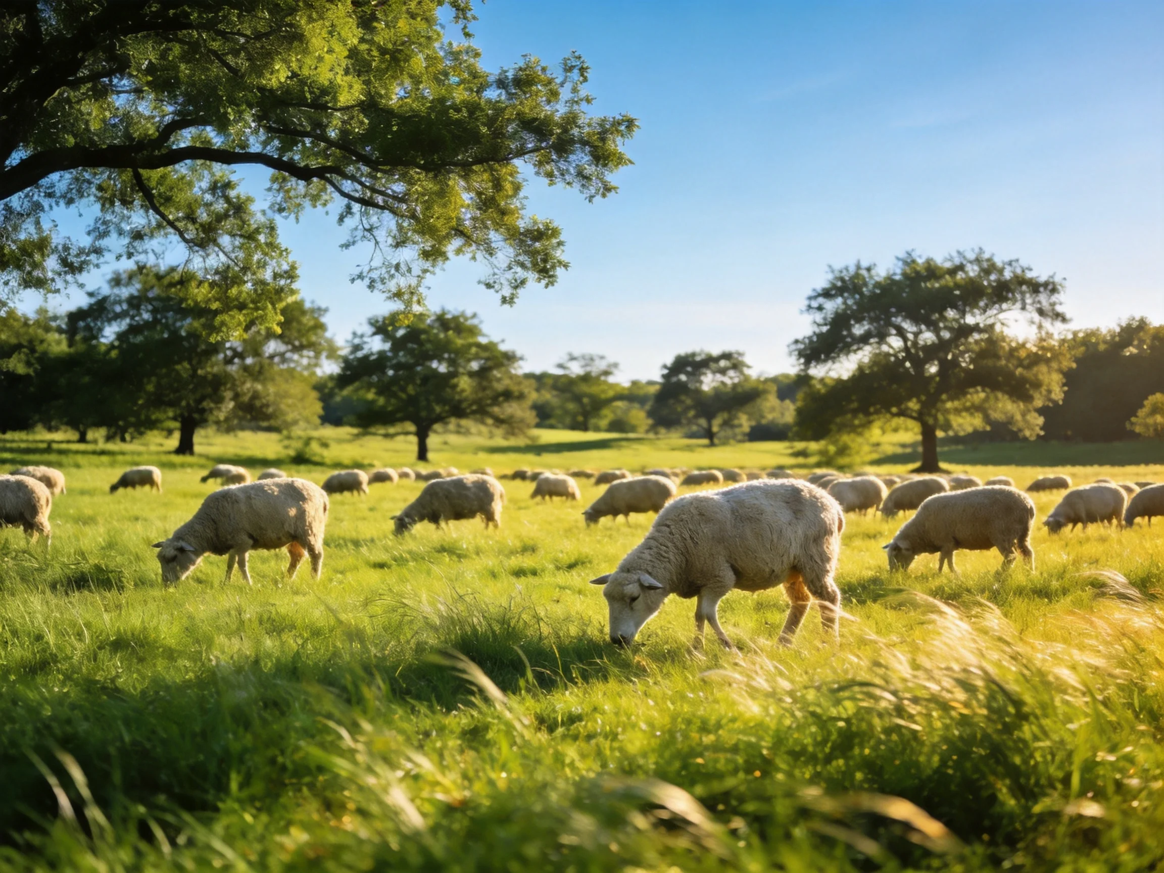 A flock of sheep grazing in a sunlit meadow with scattered oak trees