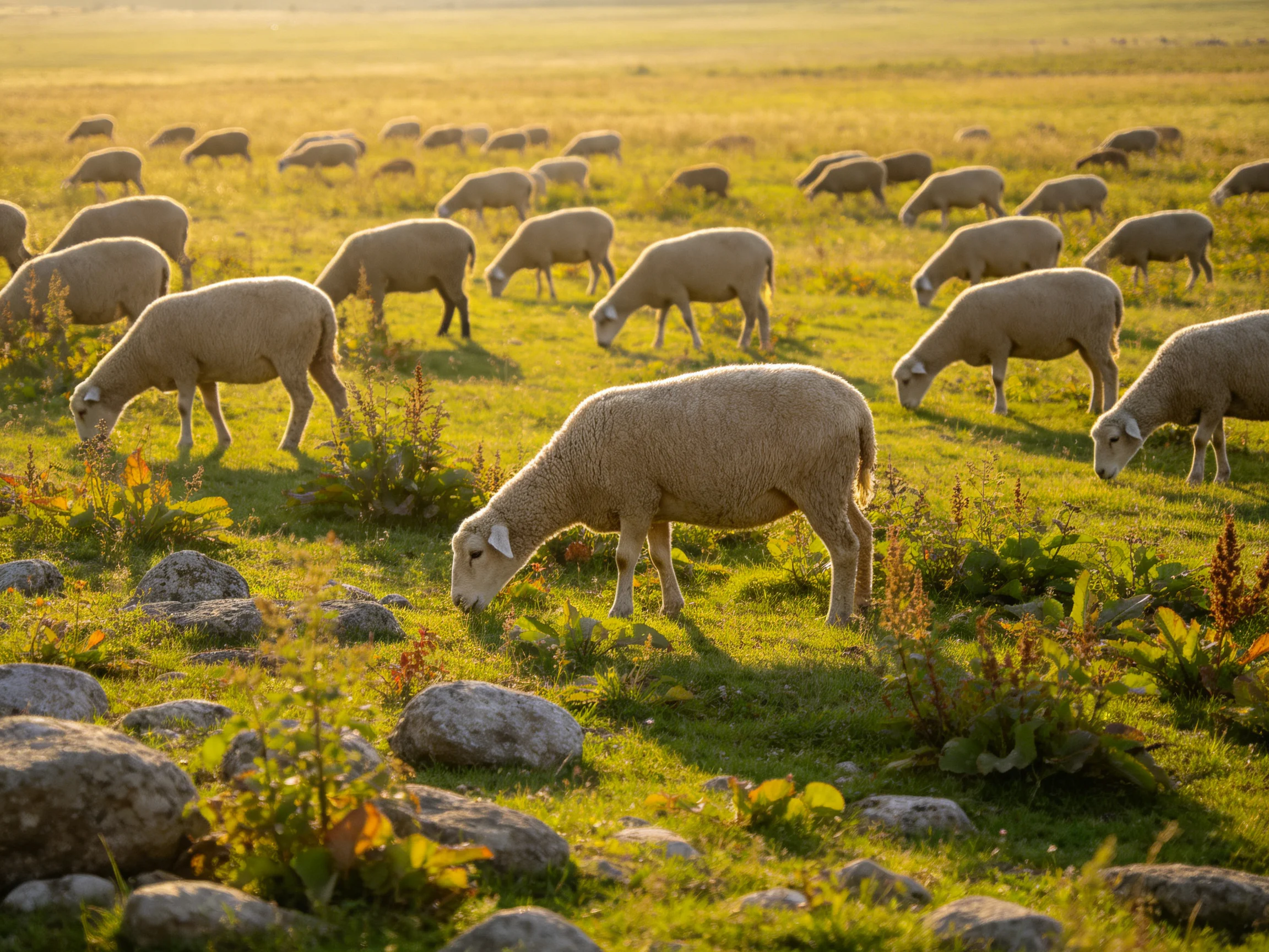 A flock of sheep grazing in a sunlit meadow with scattered rocks