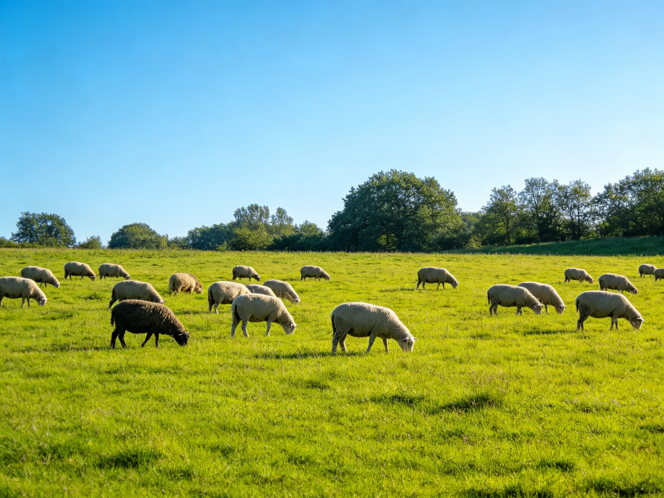 A flock of sheep grazing in a verdant green pasture