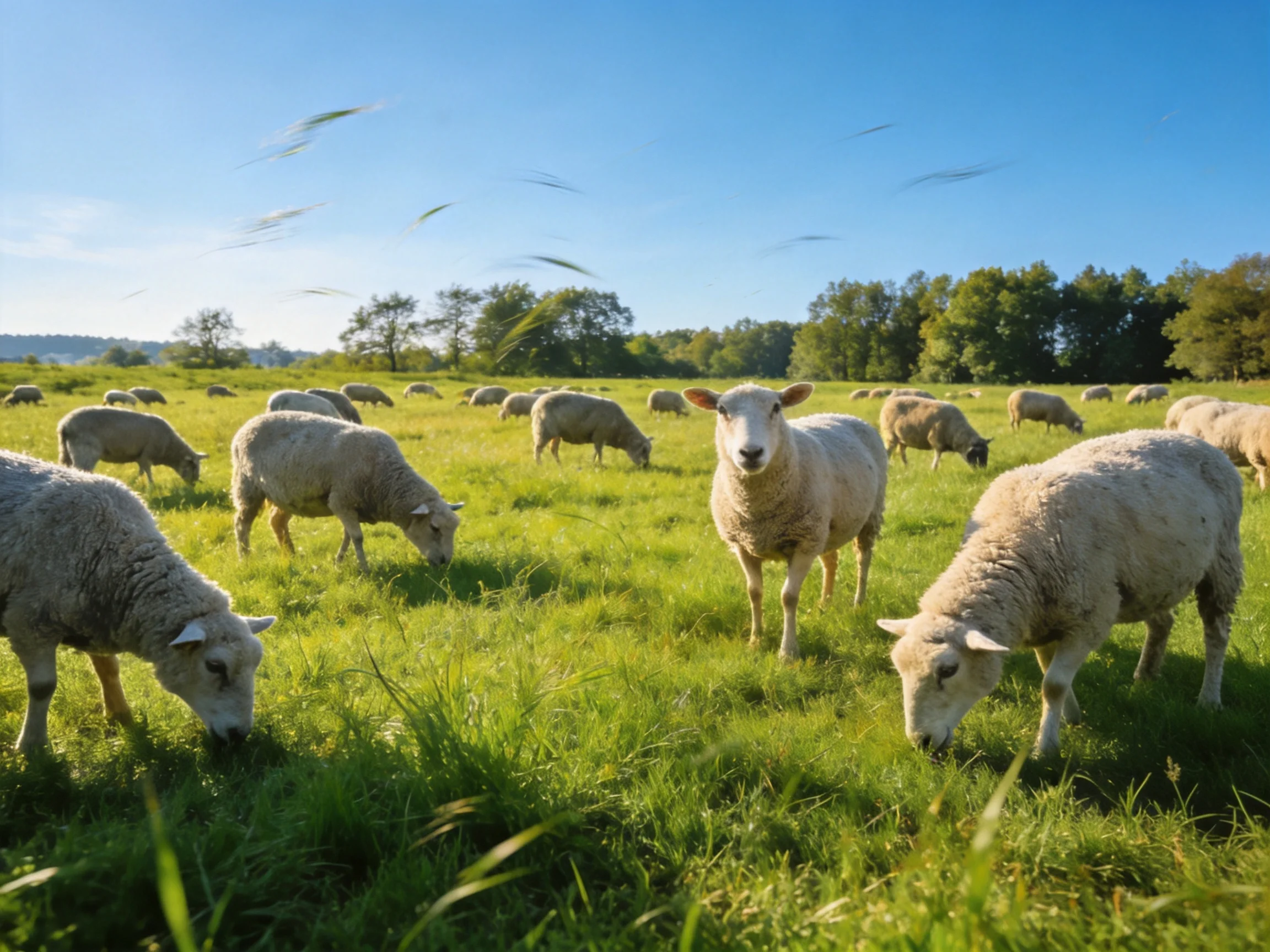 A flock of sheep grazing in a verdant meadow under a clear blue sky