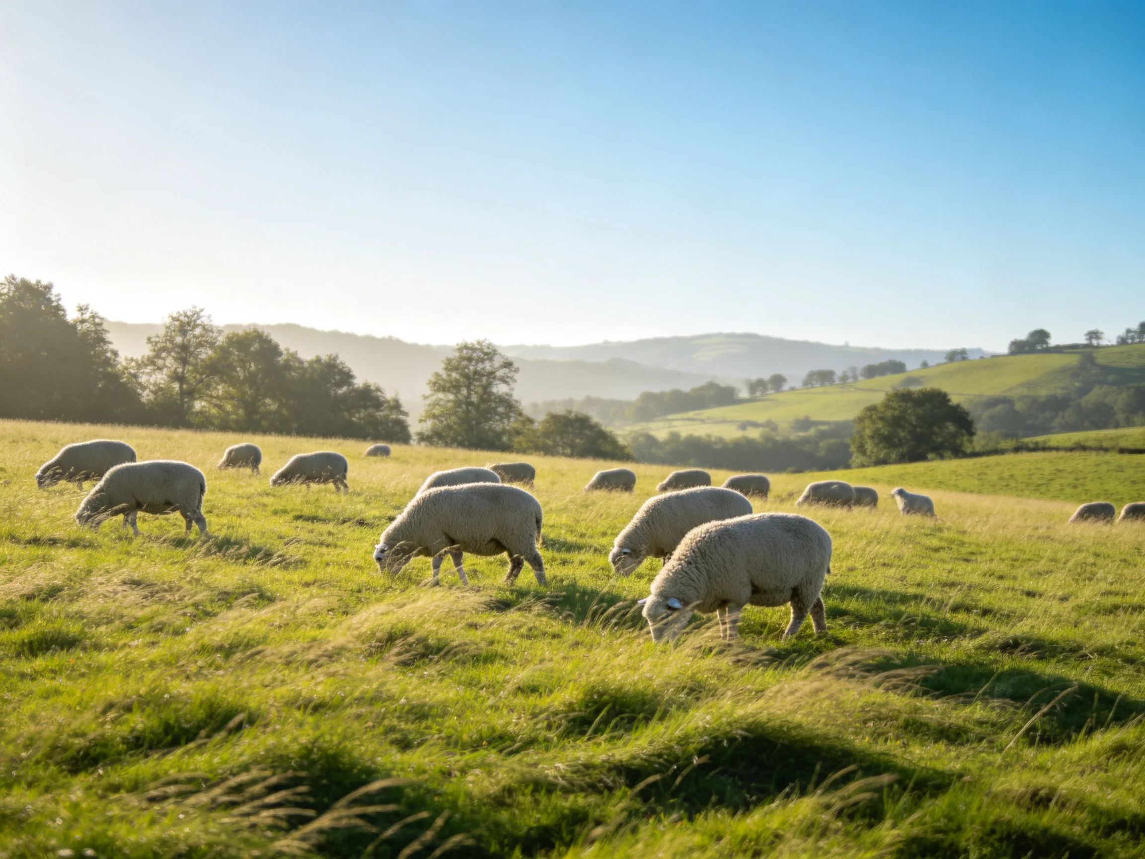 A flock of sheep grazing in a verdant pasture with rolling hills
