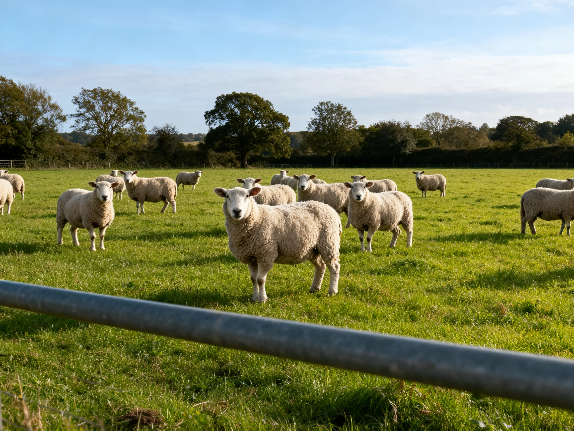 Sheep graze in a green pasture with trees in the distance