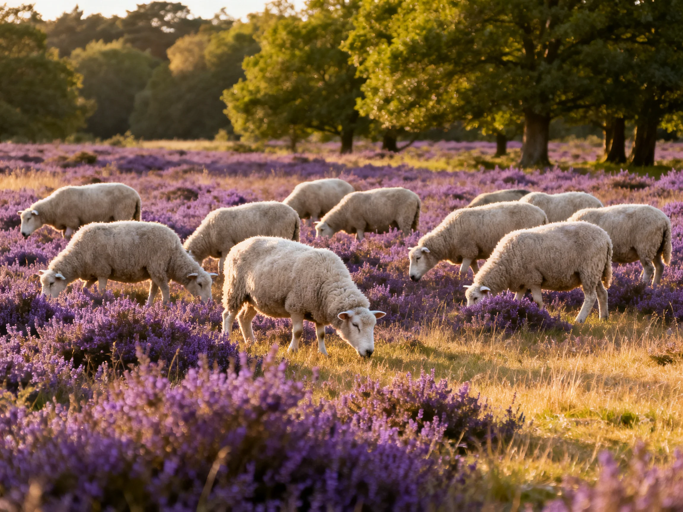 A flock of sheep grazing in a vibrant purple heather field