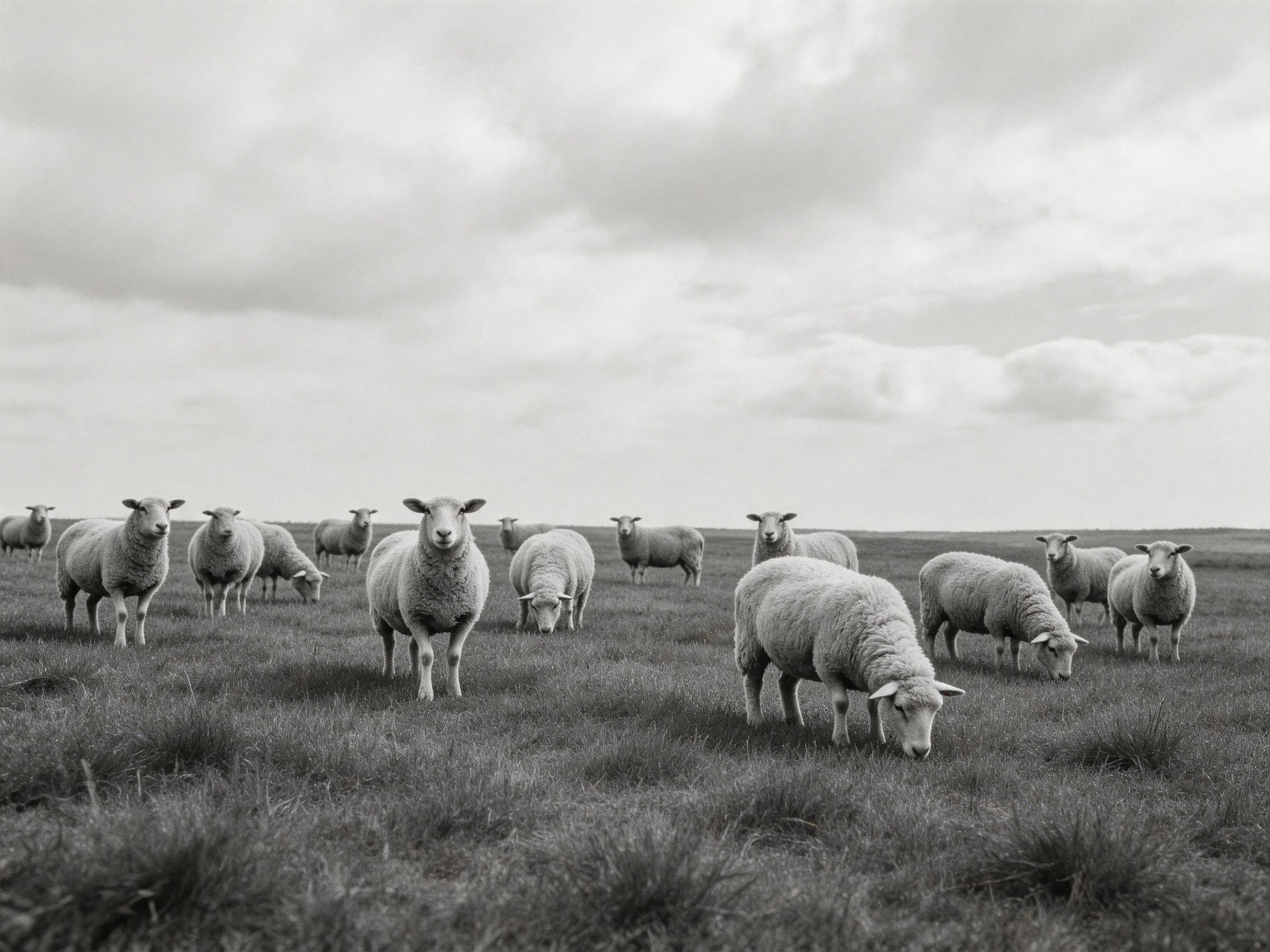 A flock of sheep grazing in an open, cloudy field