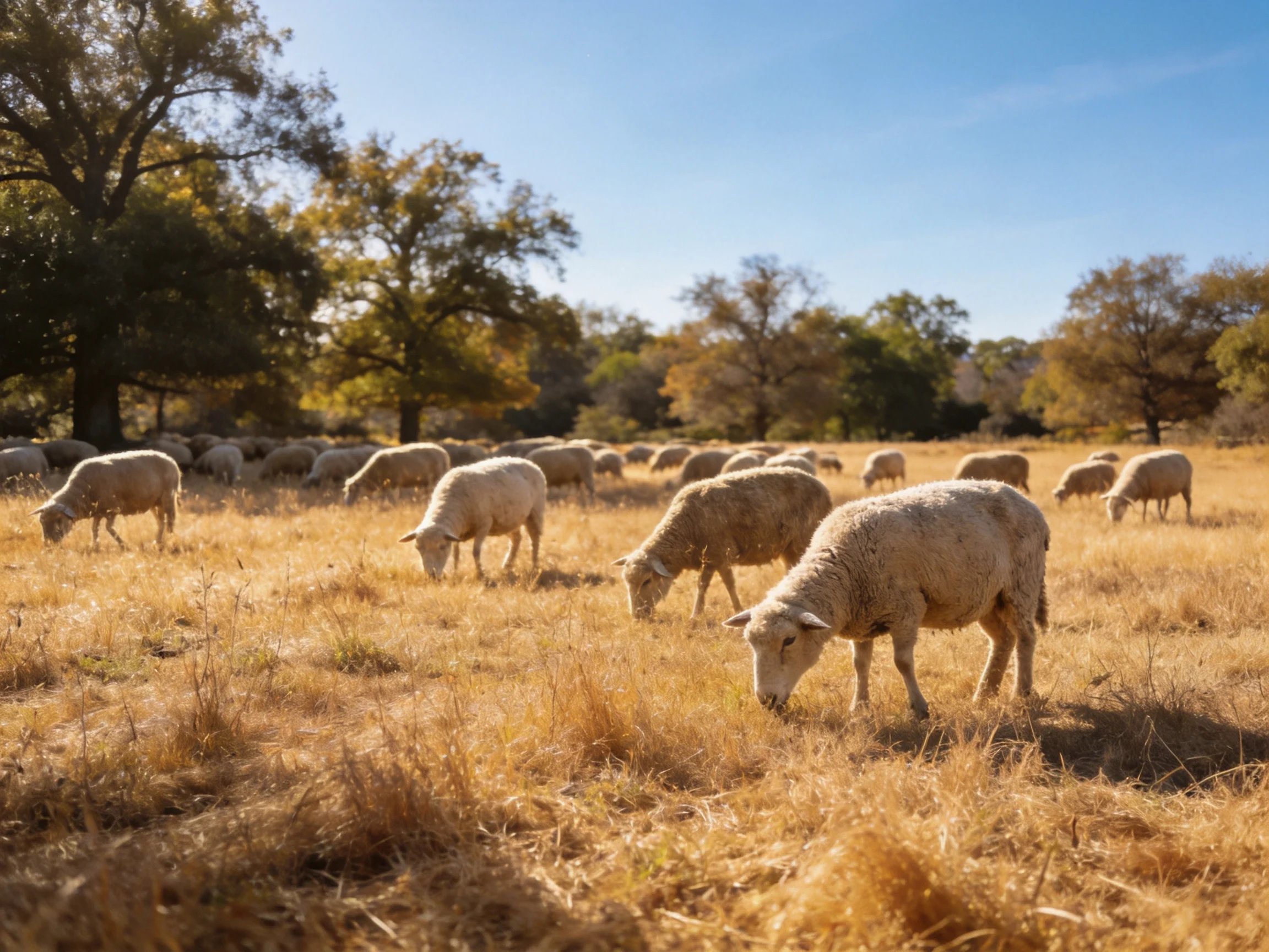 A flock of sheep grazing in golden autumn field with tall trees