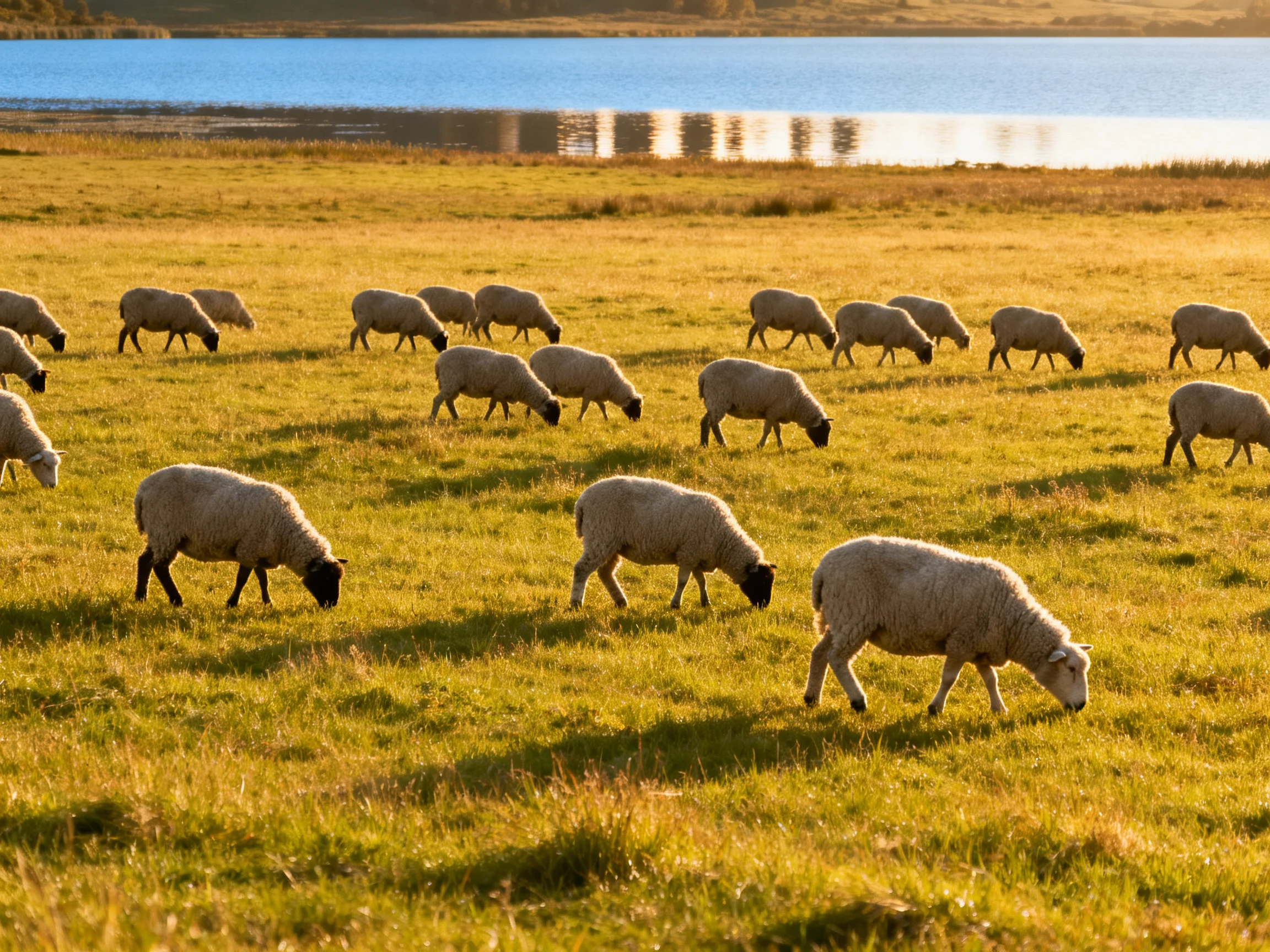 A flock of sheep grazing in golden fields by a calm lake