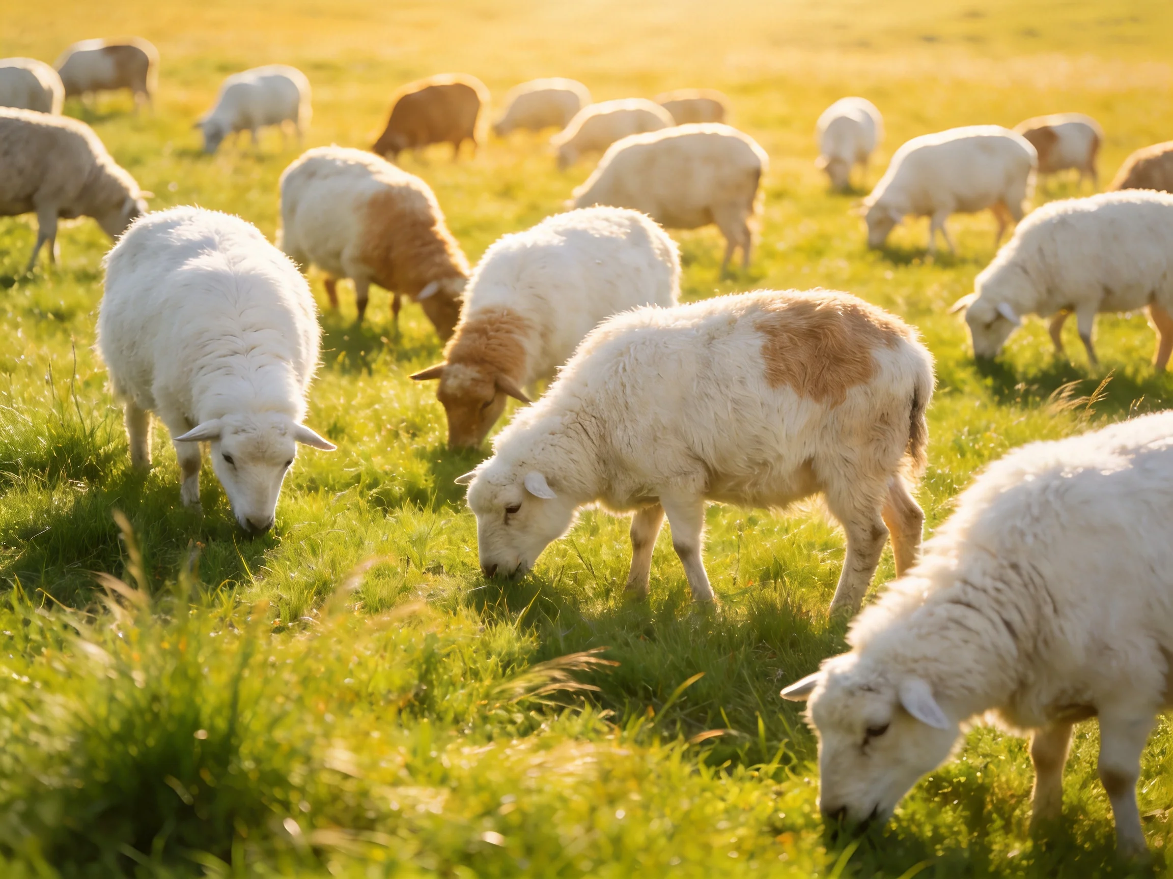 Many sheep graze peacefully in a sunlit green pasture.