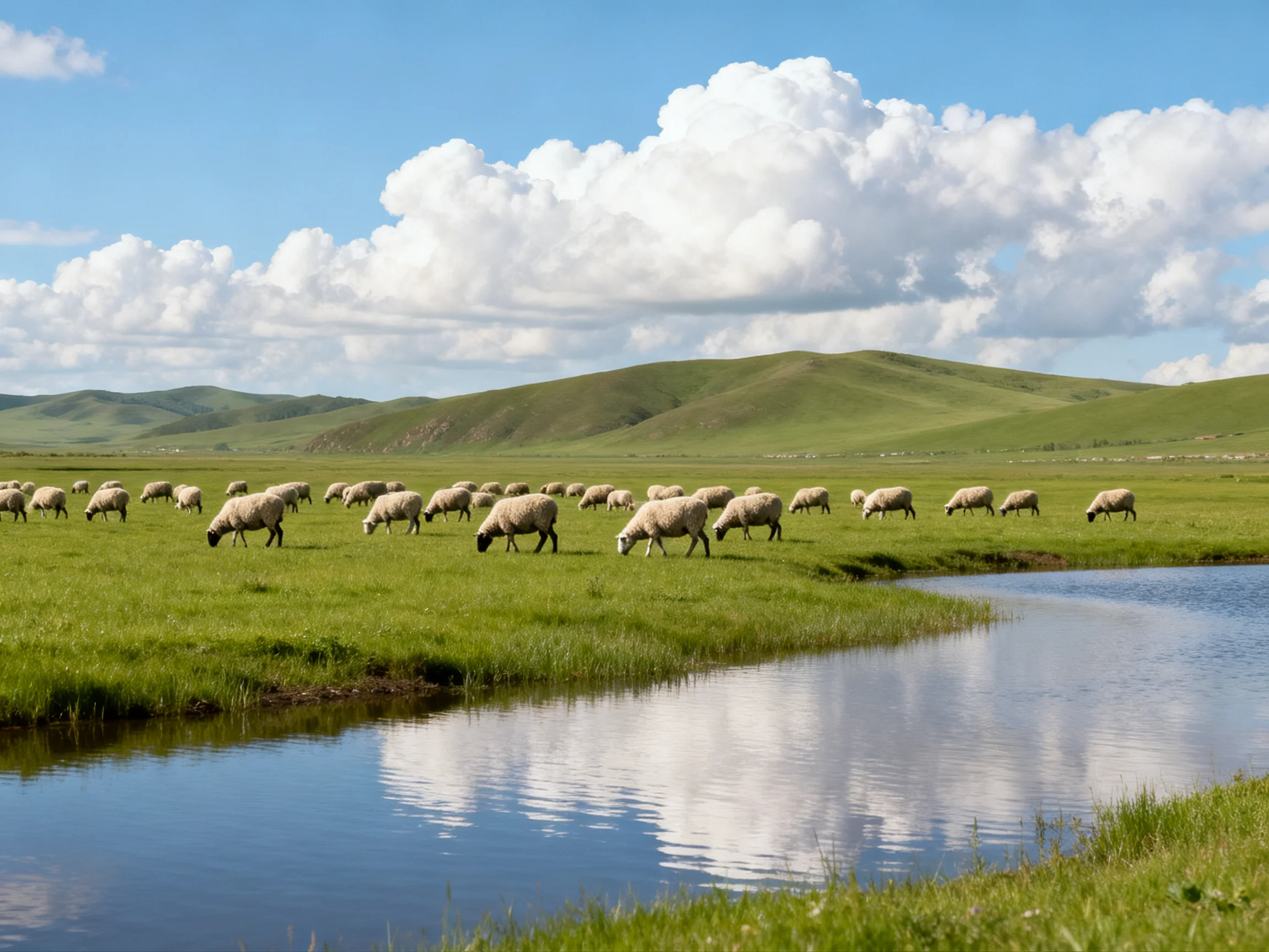 A flock of sheep grazing near a calm blue stream with rolling green hills