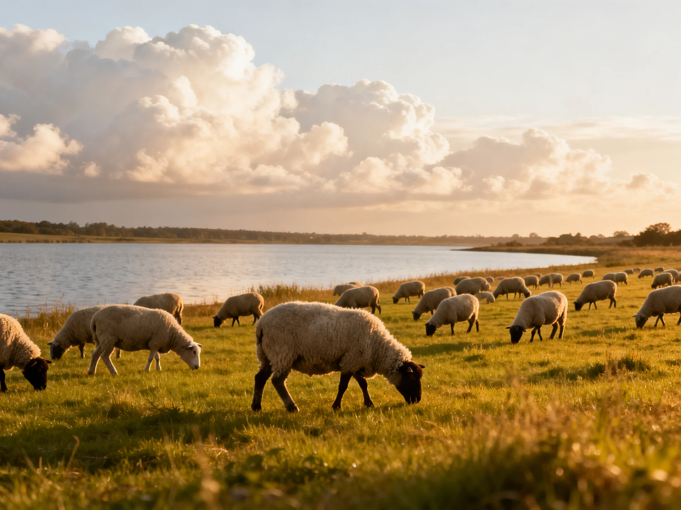 A flock of sheep graze peacefully near a calm lake with golden skies.