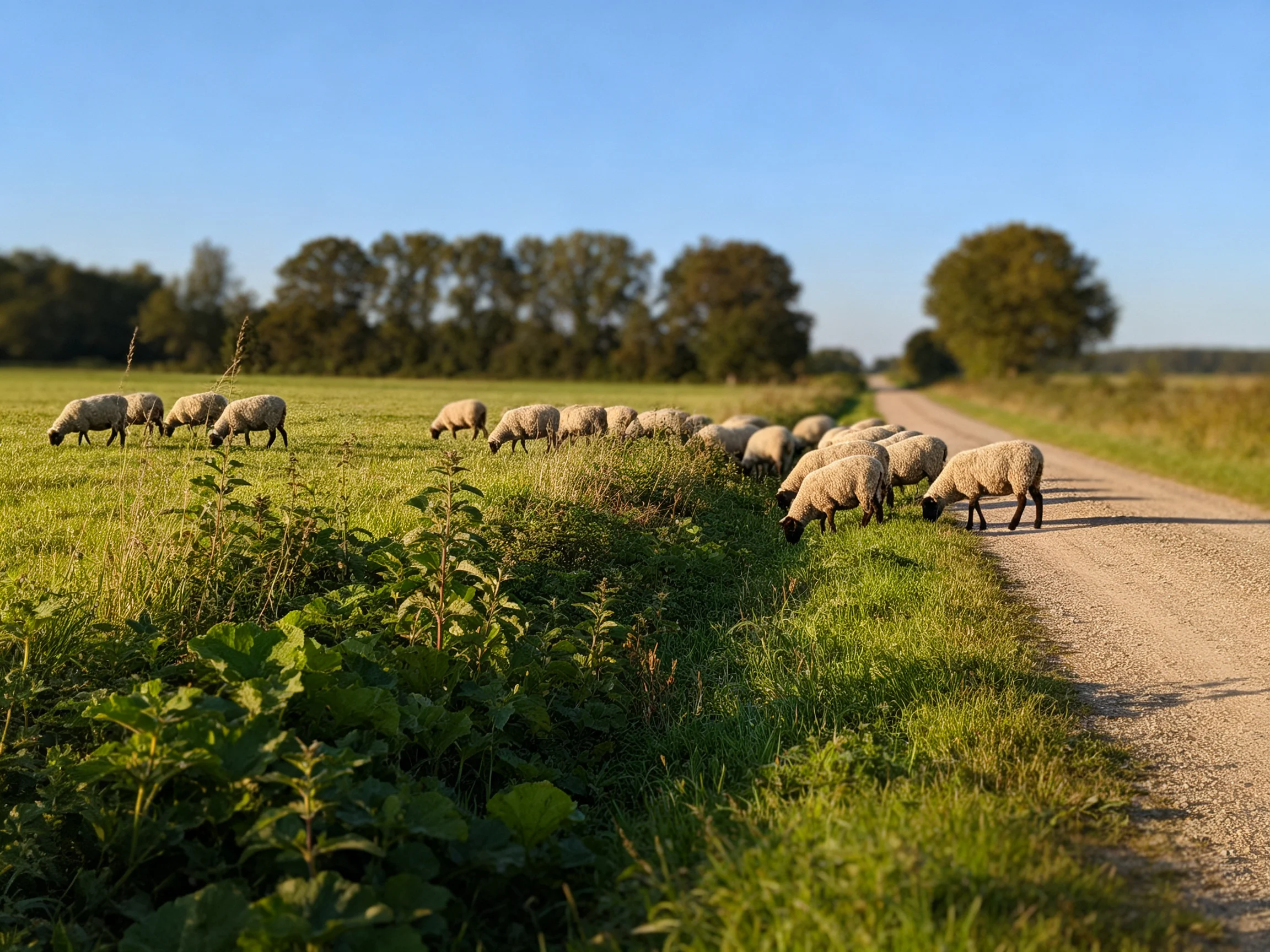 A flock of sheep grazing near a dirt road with lush green fields