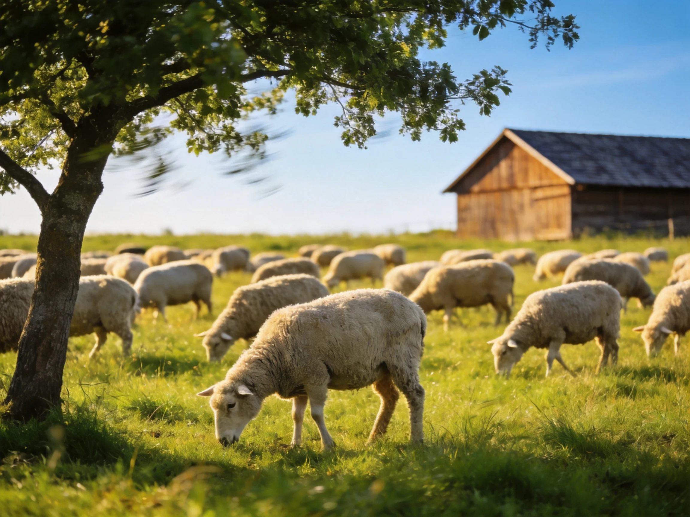 A flock of sheep grazing near a rustic barn under sunny skies