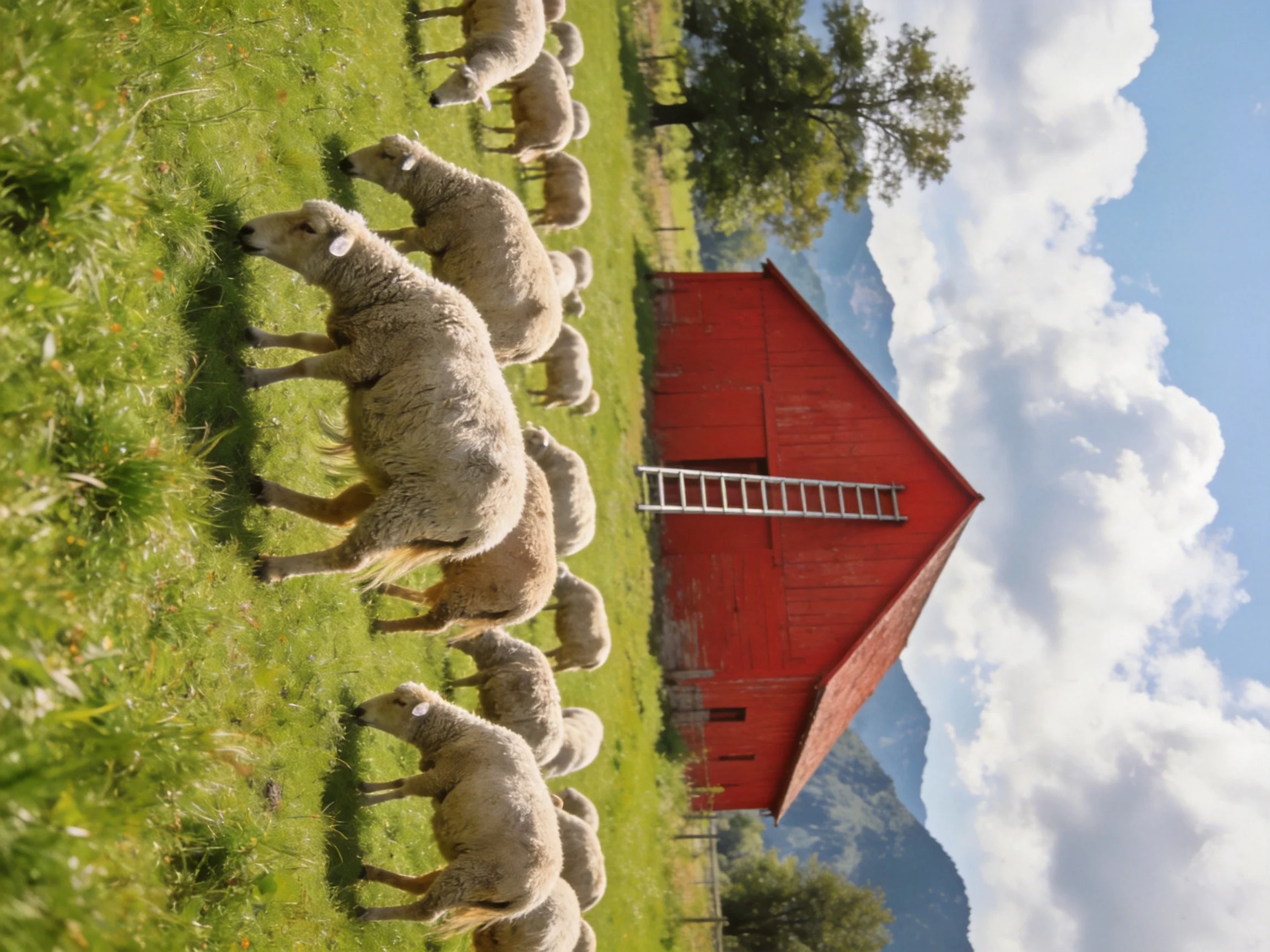 A flock of sheep grazing near a vibrant red barn under sunny skies