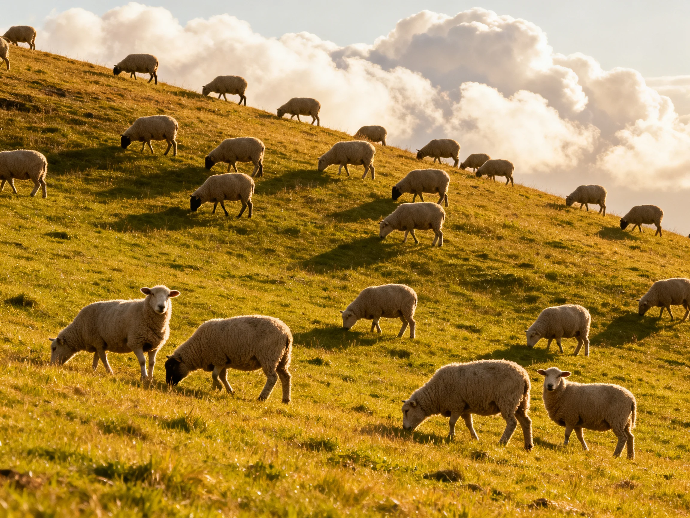 A flock of sheep grazing on a golden-hued hillside under fluffy white clouds