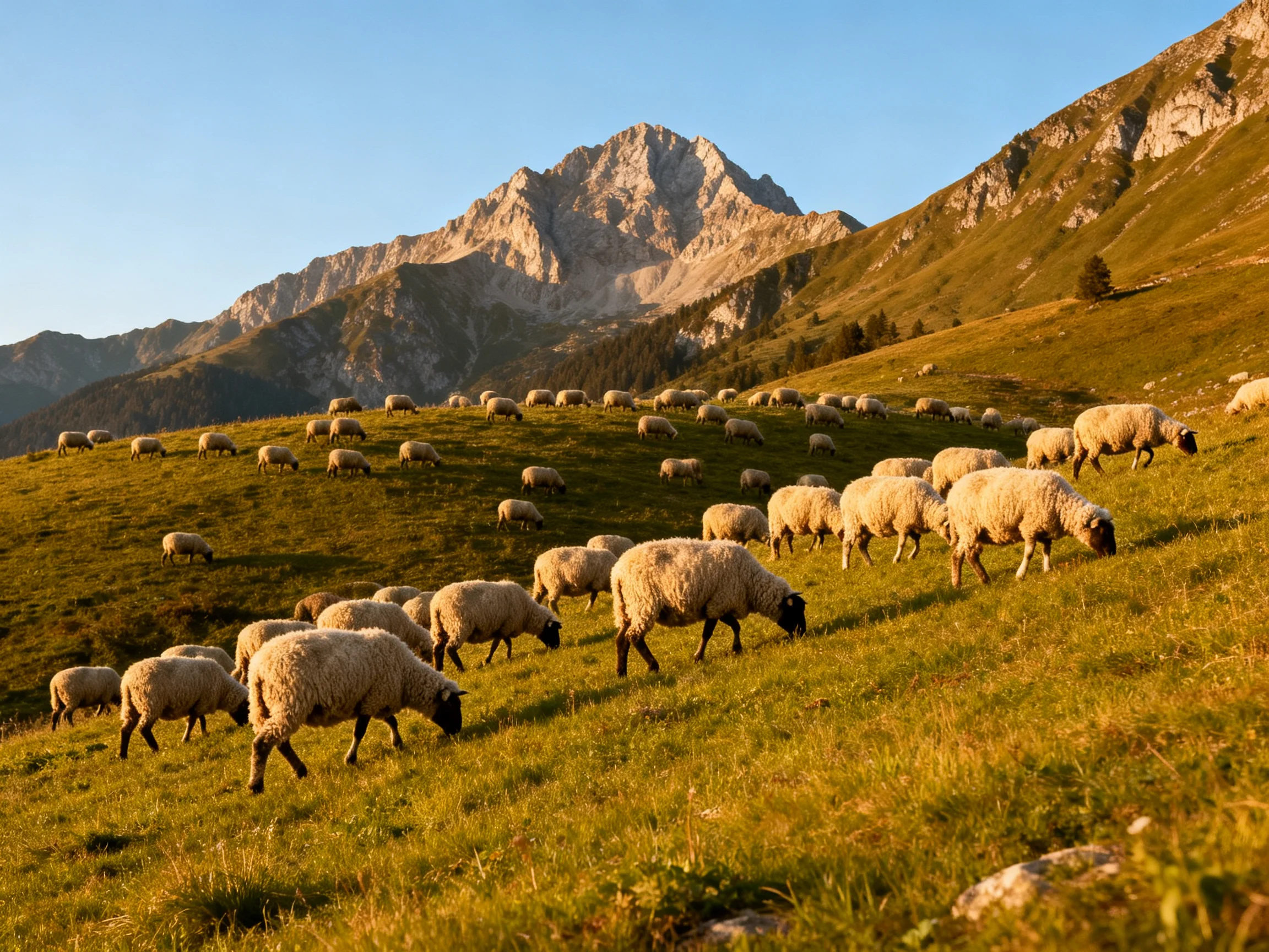 A flock of sheep grazing on a golden-hued mountain meadow