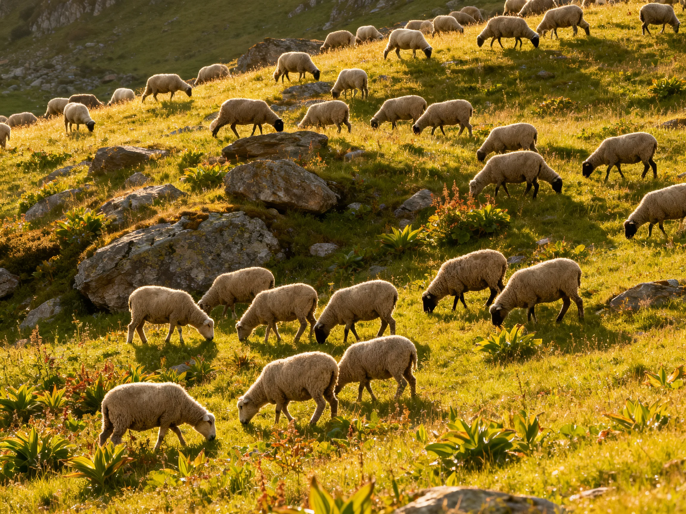 A flock of sheep grazing on a golden, rocky hillside