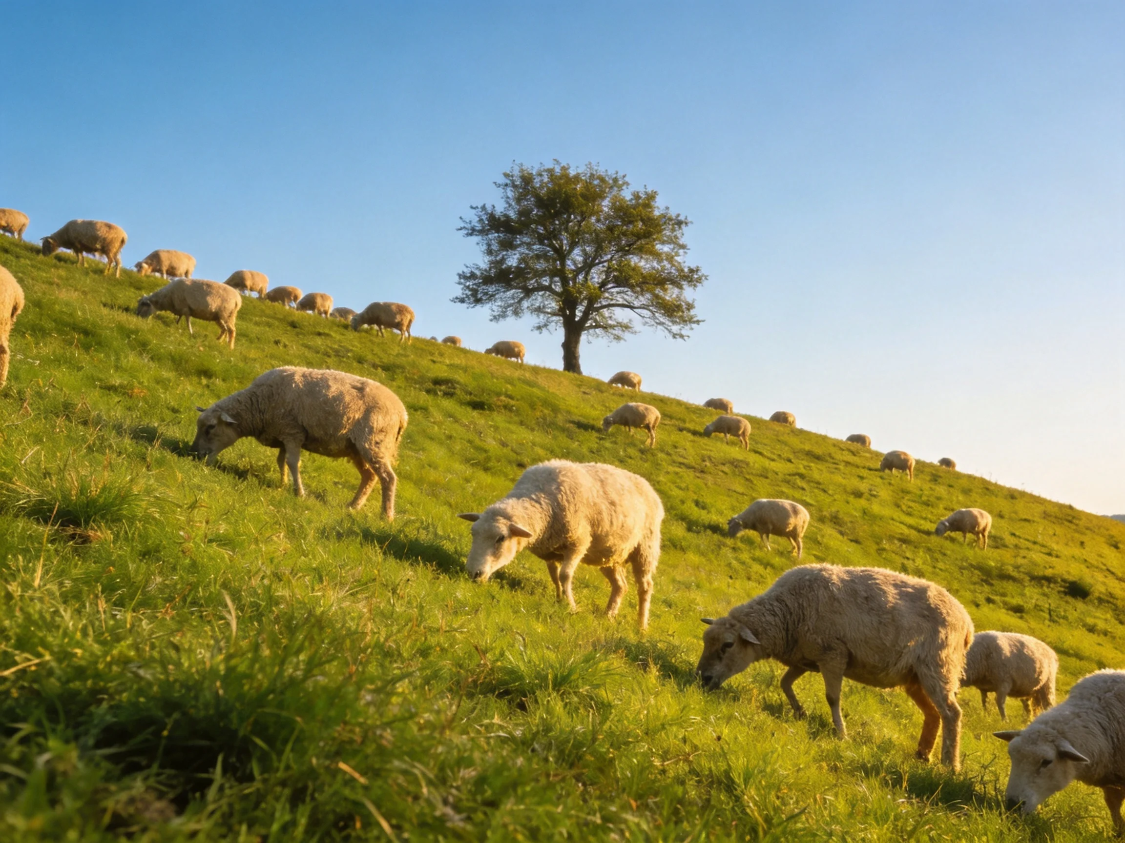 Sheep graze on a grassy hillside with a single tree nearby.