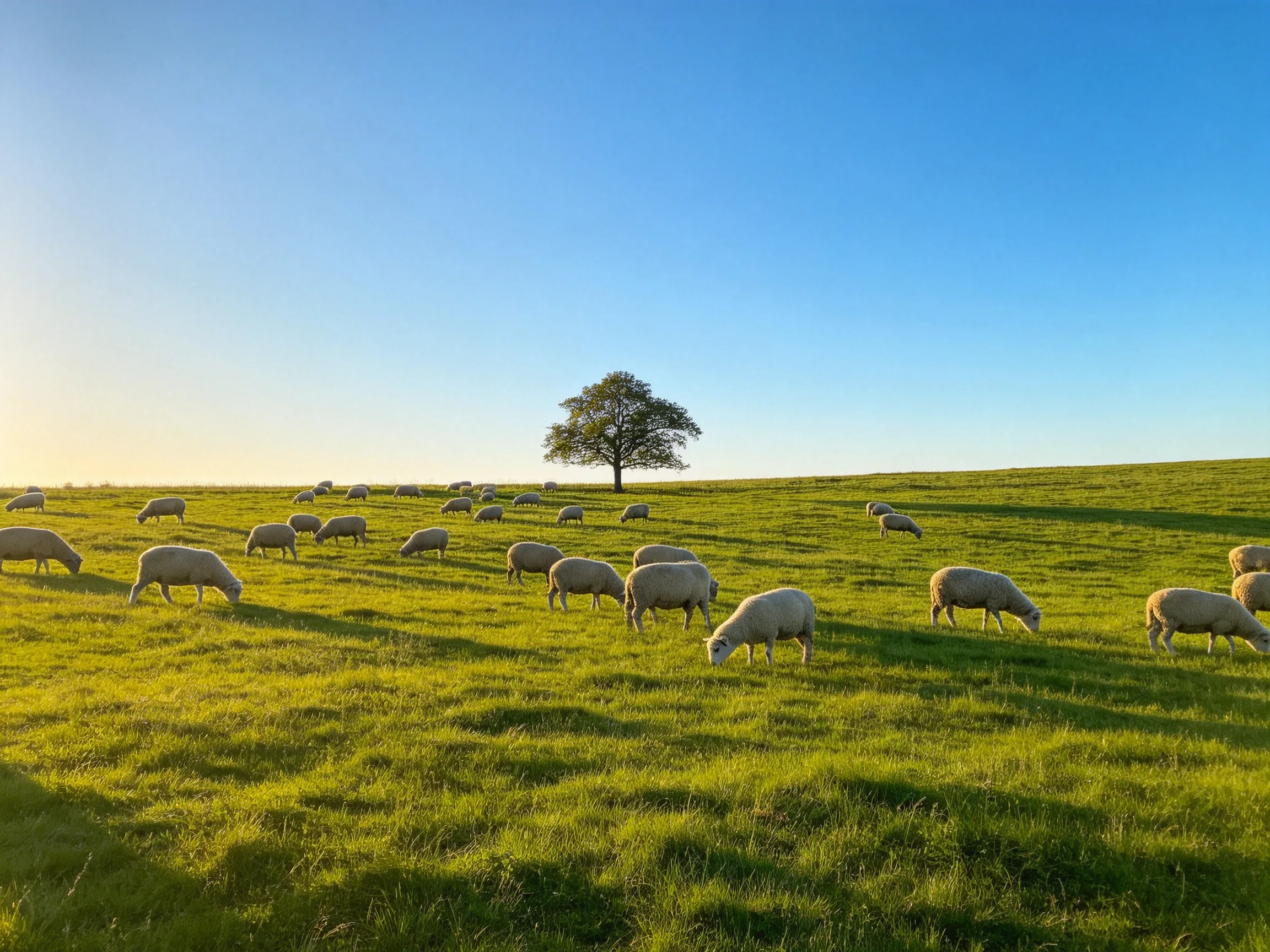 A flock of sheep grazing on a lush green hillside near a single tree