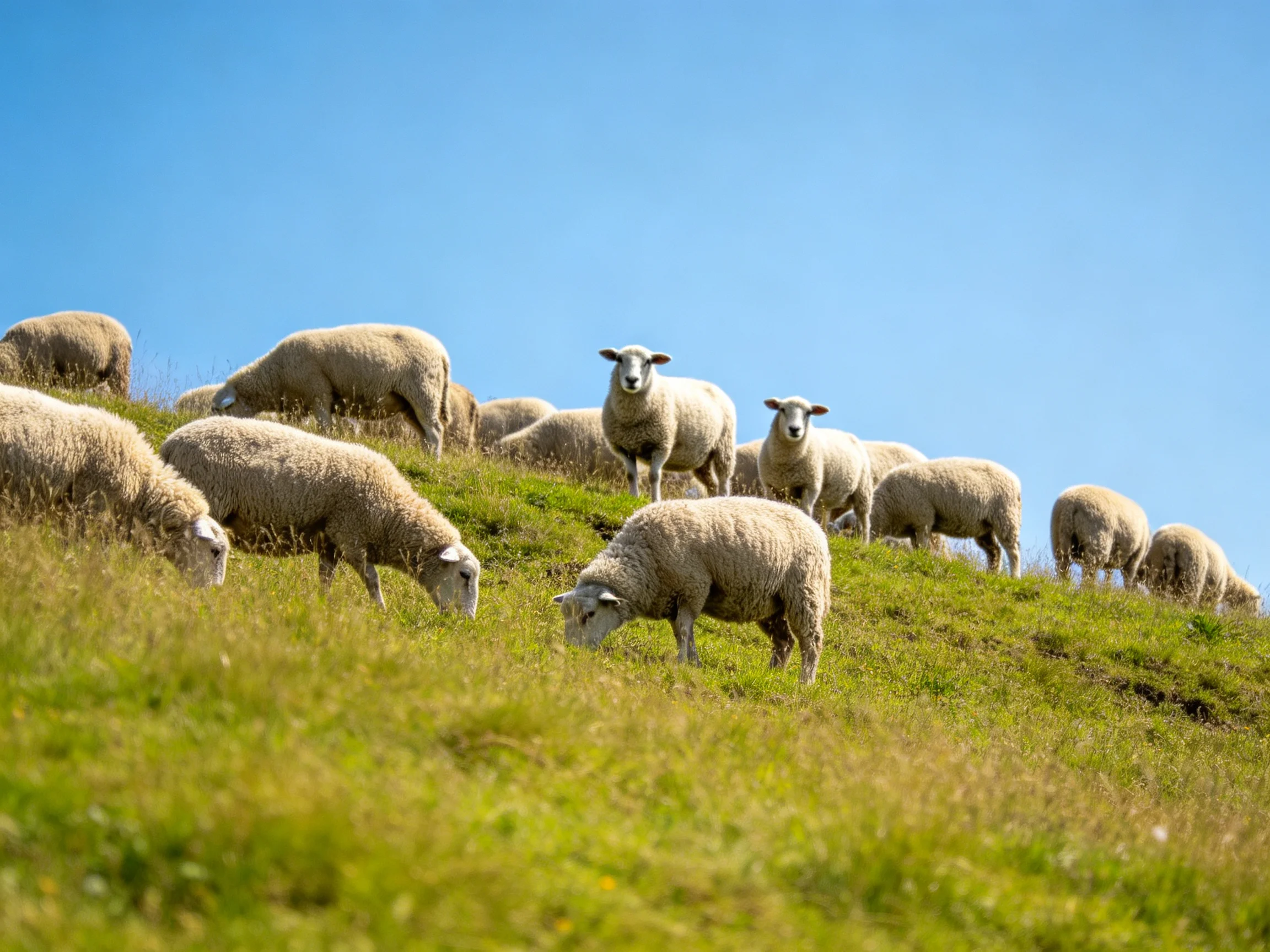A flock of sheep grazing on a lush green hillside under a clear blue sky