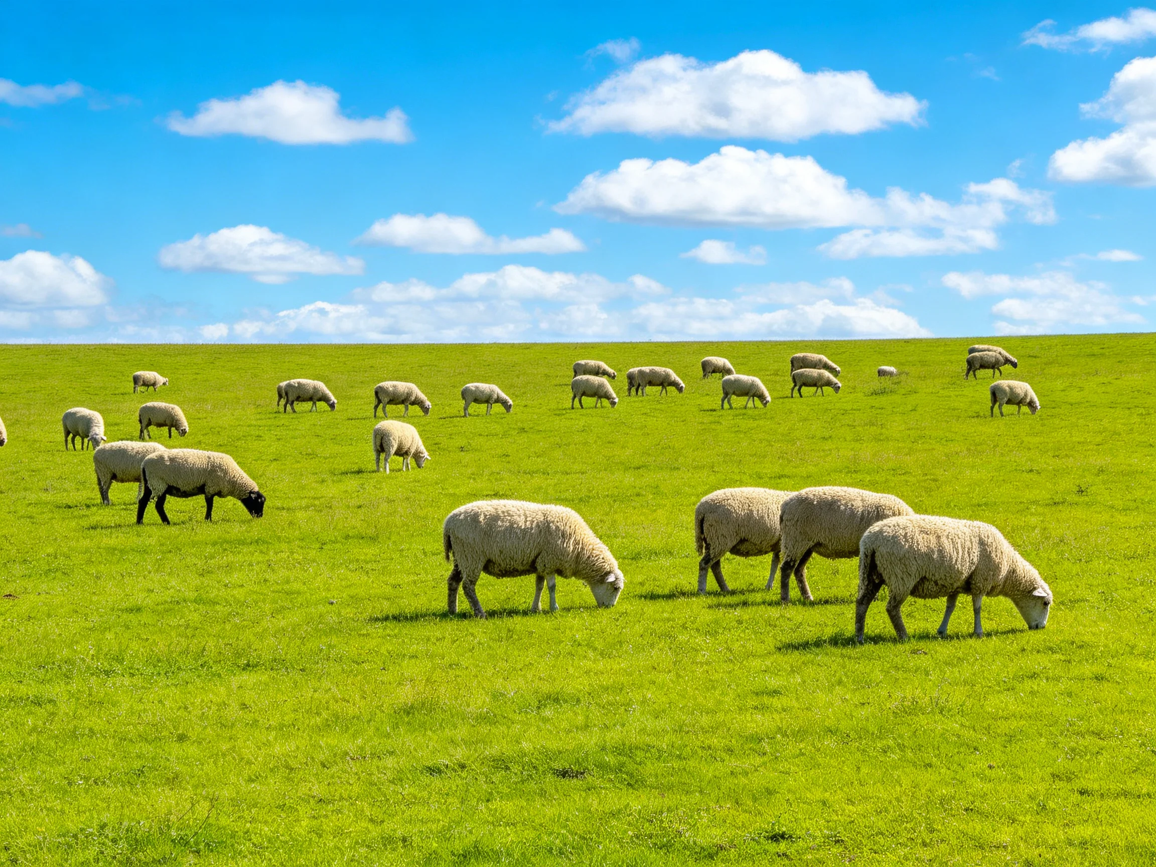 Sheep graze across a vibrant green pasture beneath sunny skies.