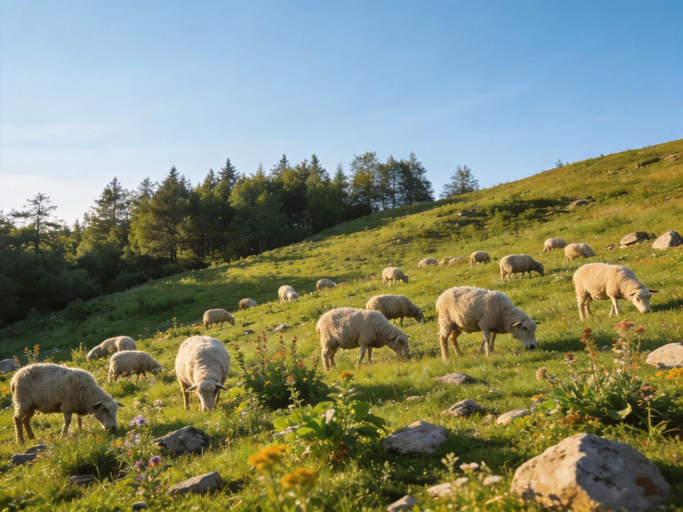 A flock of sheep grazing on a lush green hillside under clear blue sky