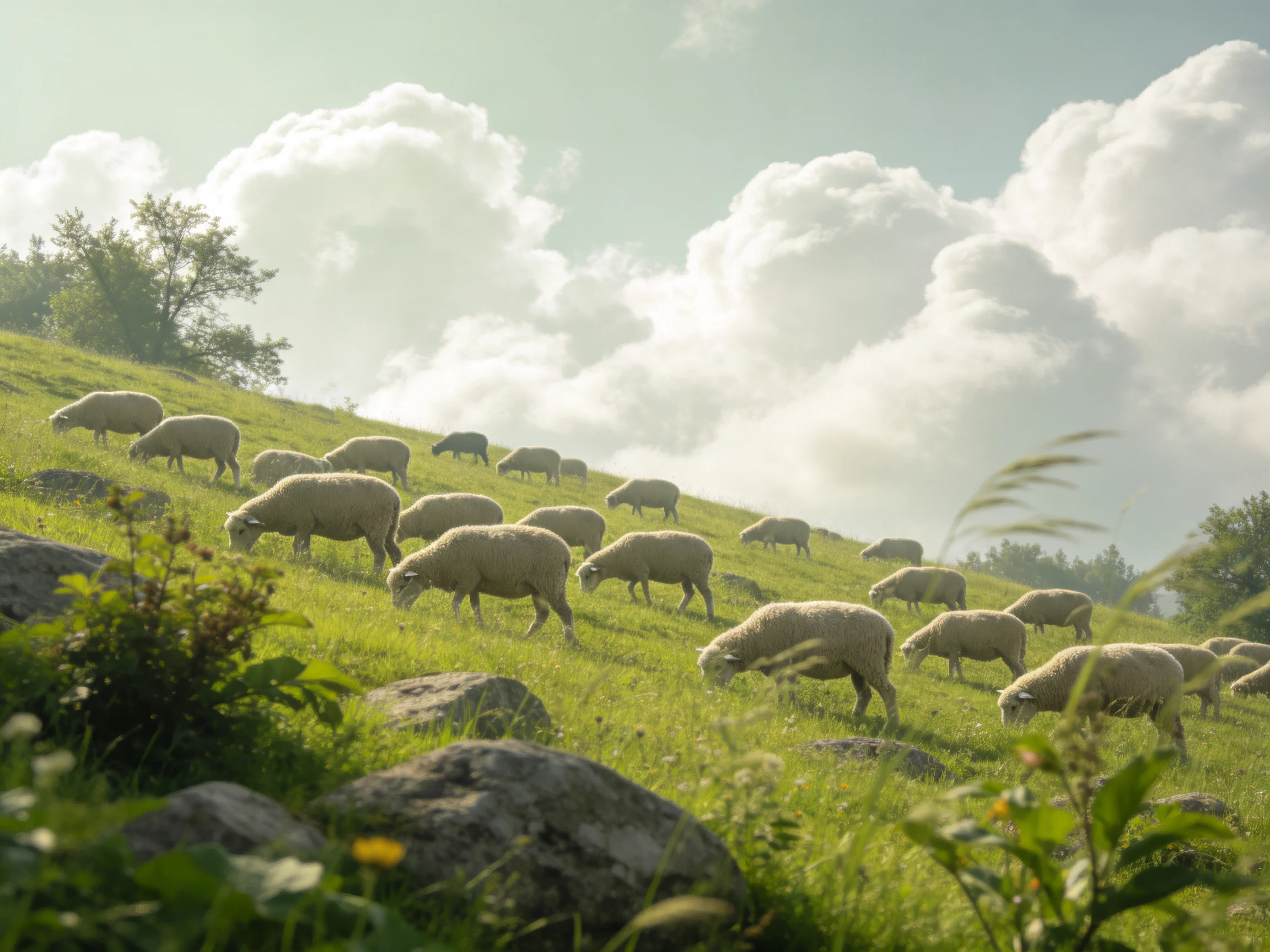 A flock of sheep grazing on a lush green hillside under fluffy white clouds